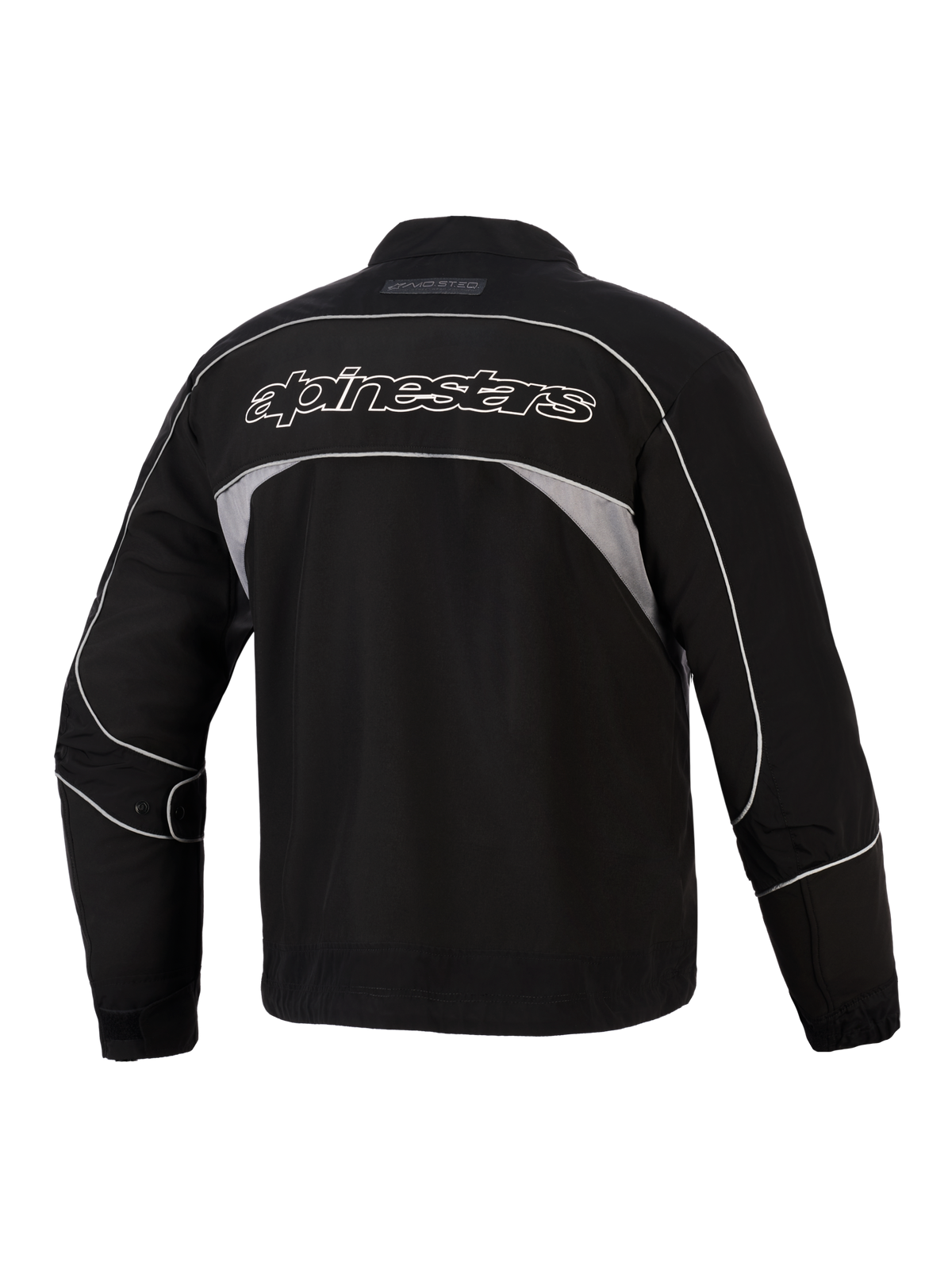 Alpinestars Unite Jacket, widok z tyłu, czarna z ciemnoszarymi panelami odblaskowymi, białe konturowe logo Alpinestars na plecach, miejska motocyklowa kurtka softshell, minimalistyczny design