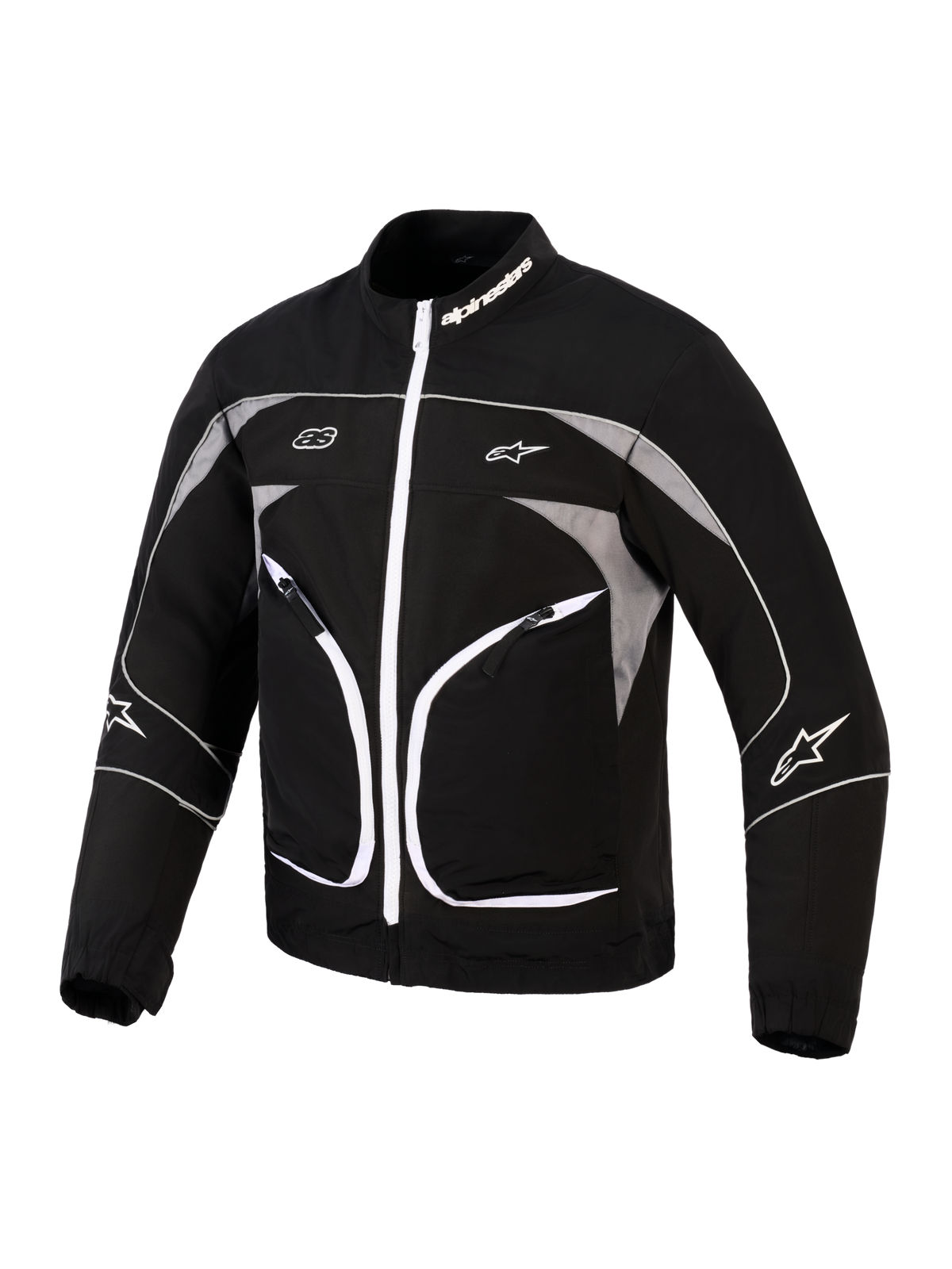 Kurtka Alpinestars Unite, kurtka motocyklowa, czarna i ciemnoszara, z białym zamkiem błyskawicznym z przodu, szarymi panelami odblaskowymi i białymi lamówkami, logo Alpinestars na kołnierzu i rękawach, minimalistyczny miejski design