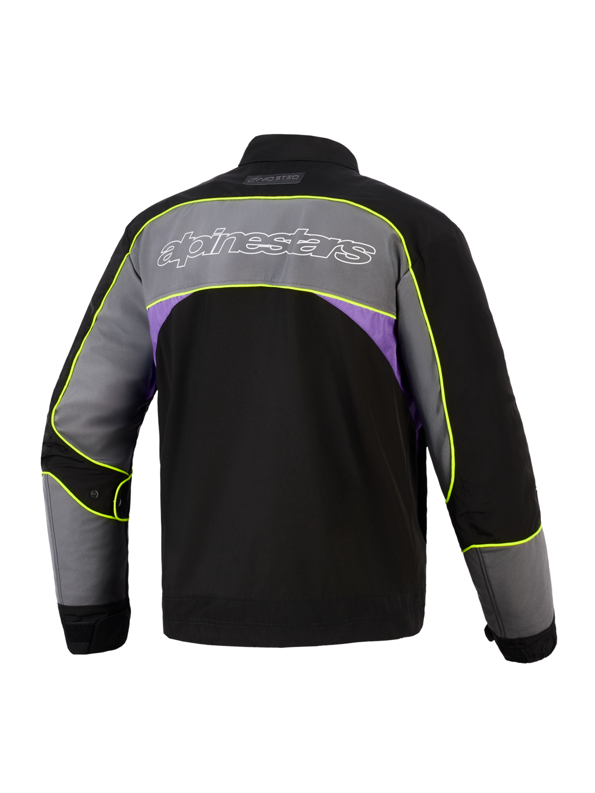 Kurtka Alpinestars Unite w kolorze Black Asphalt Violet, widok z tyłu, miejska kurtka motocyklowa z dużym szarym panelem na plecach, białe konturowe logo Alpinestars, fioletowe akcenty i neonowo-żółte lamówki o wysokiej widoczności wzdłuż szwów.
