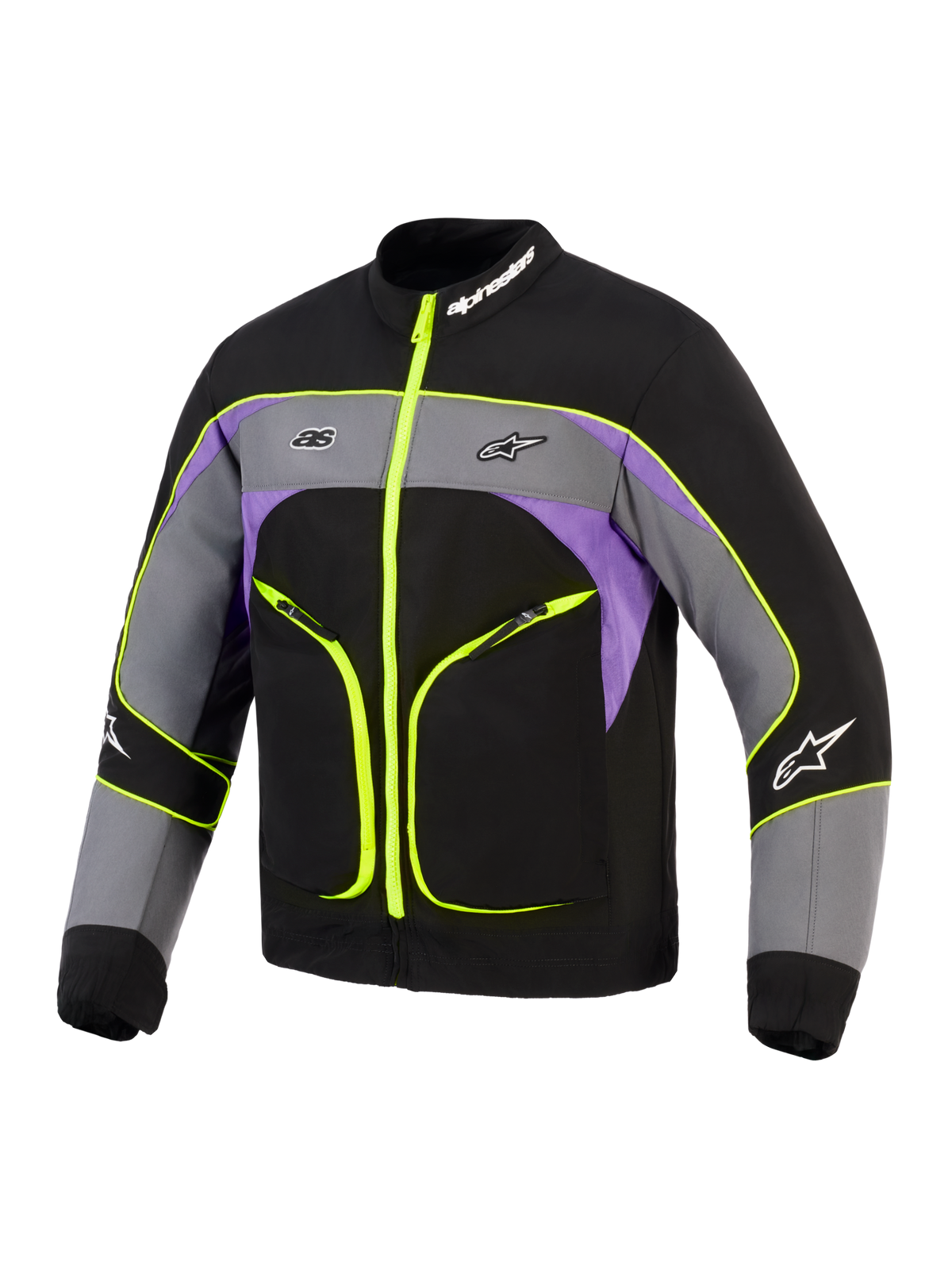 Kurtka Alpinestars Unite, miejska kurtka motocyklowa, kolor czarny, szary i fioletowy z neonowożółtymi akcentami, 3-warstwowa konstrukcja softshell, fluorescencyjne żółte zamki i lamówki, szare i fioletowe panele kolorystyczne, logo Alpinestars na klatce piersiowej i kołnierzu