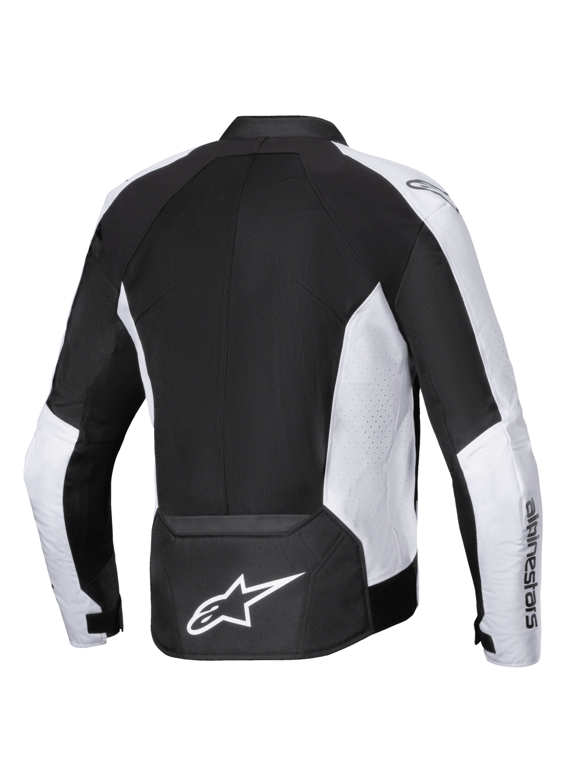 Alpinestars Viper Air V4 Jacket, kurtka motocyklowa, czarno-biała, widok z tyłu z dużymi panelami z siatki technologicznej zapewniającymi przepływ powietrza, białe perforowane panele boczne, wyraźne białe logo Astar w dolnej części pleców, tekstylna konstrukcja do jazdy w ciepłe dni