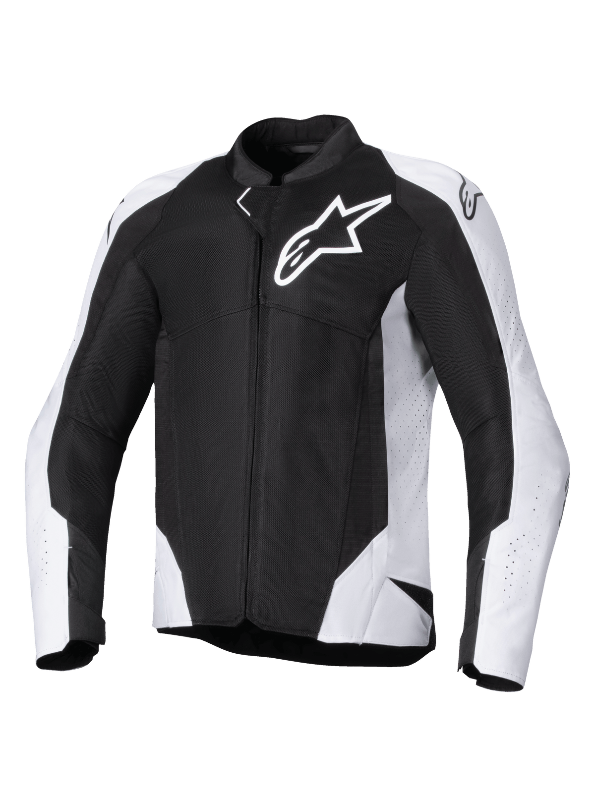 Kurtka Alpinestars Viper Air V4, tekstylna kurtka motocyklowa, czarno-biała, z dużym białym logo Astar na klatce piersiowej, perforowane panele siatkowe zapewniające przepływ powietrza, ergonomiczny sportowy krój do jazdy szosowej