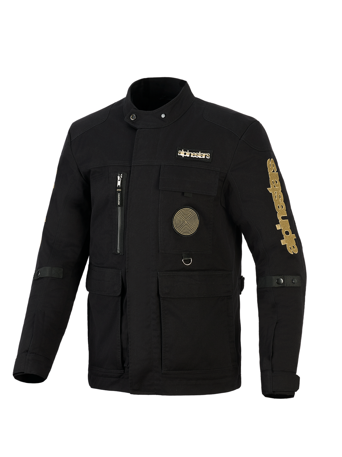 Alpinestars Dice Jacket, Urban Motorcycle Field Jacket, Black with Gold branding, featuring multiple utility pockets, a spiral patch on the chest, and vintage-inspired field jacket styling in water-repellent textile.
