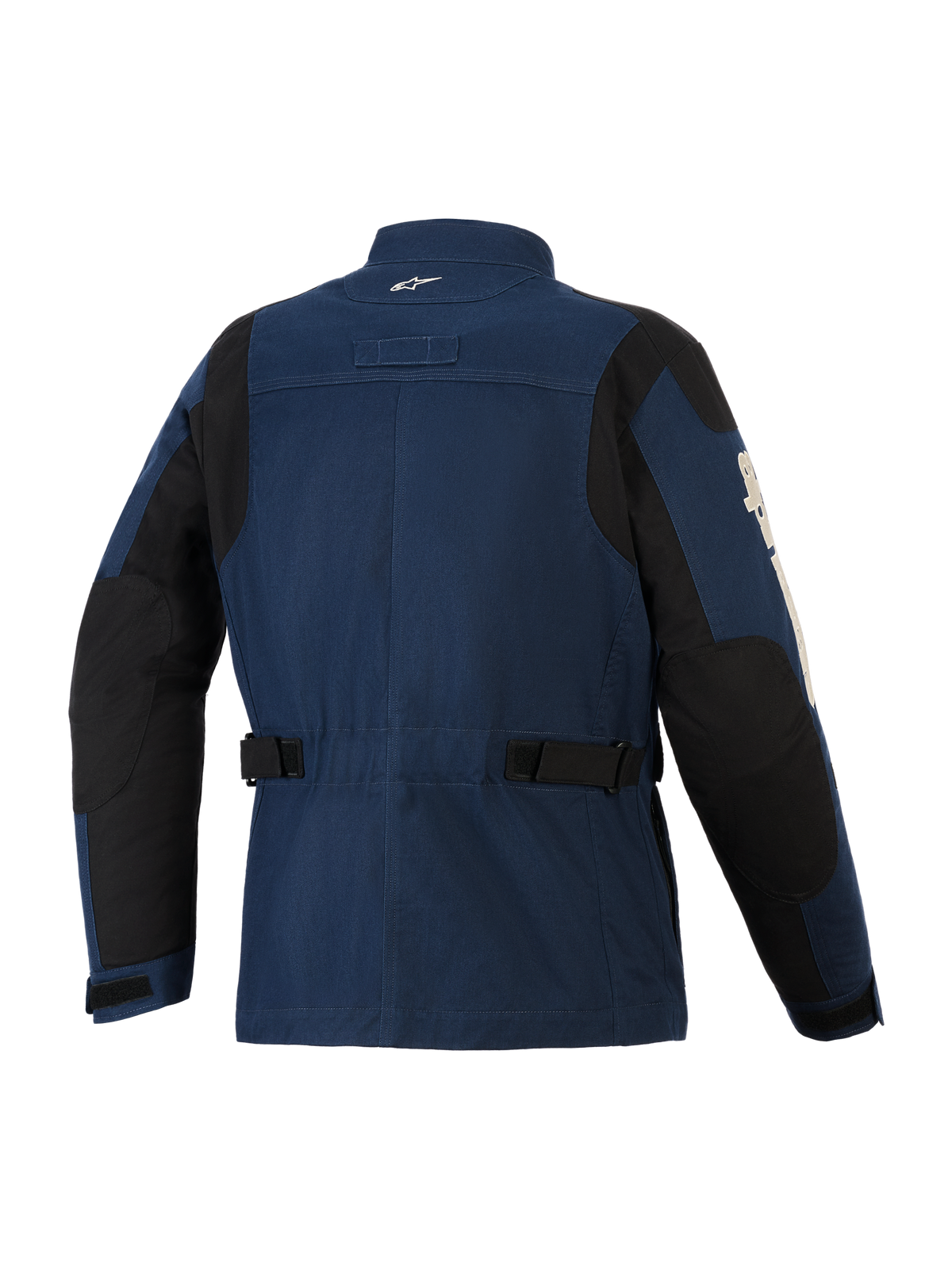 Alpinestars Dice Jacket, Urban Motorcycle Jacket, Dark Blue and Black, back view showing field jacket styling, adjustable waist straps, black shoulder and elbow reinforcement panels, and a small white logo on the collar.
