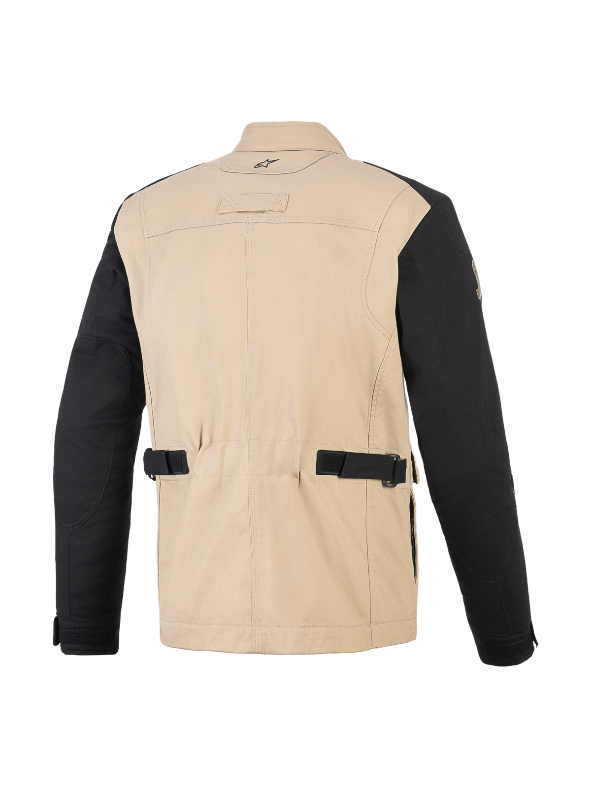 Alpinestars Dice Jacket, miejska kurtka motocyklowa, Aluminum Black, widok z tyłu ukazujący beżowy korpus z polibawełny i czarne rękawy, paski do regulacji w talii, plisowane panele na ramionach, design inspirowany odzieżą roboczą