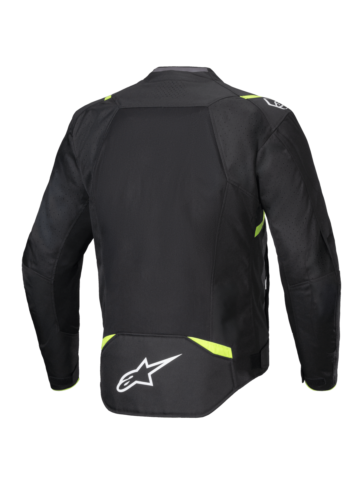 Kurtka Alpinestars T-SPS Air V2, tekstylna kurtka motocyklowa, czarno-żółta fluo, widok z tyłu z dużymi panelami z siatki dla przepływu powietrza, fluorescencyjne żółte akcenty na ramionach i w talii, białe logo Alpinestars w dolnej części pleców
