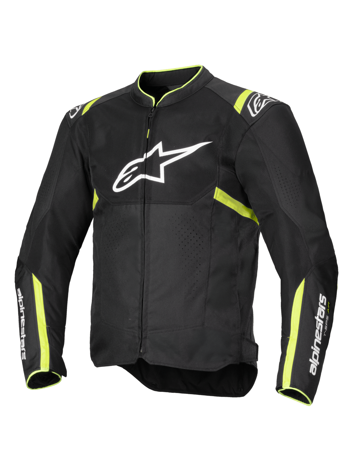 Kurtka Alpinestars T-Sps Air V2, kurtka motocyklowa, czarna z żółtymi fluorescencyjnymi akcentami, duże białe logo na klatce piersiowej, panele z siatki dla wentylacji, fluorescencyjne żółte detale na ramionach i rękawach, sportowy design tekstylny