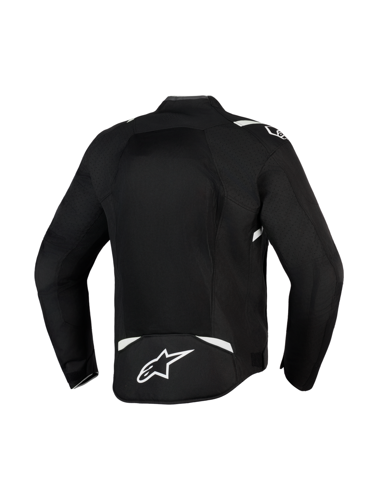 Alpinestars T-Sps Air V2 Jacket, Black and White, rear view showing large mesh panel for maximum airflow, durable 600D polyfabric construction with white accents and star logo on the lower back, textile motorcycle jacket for urban riding