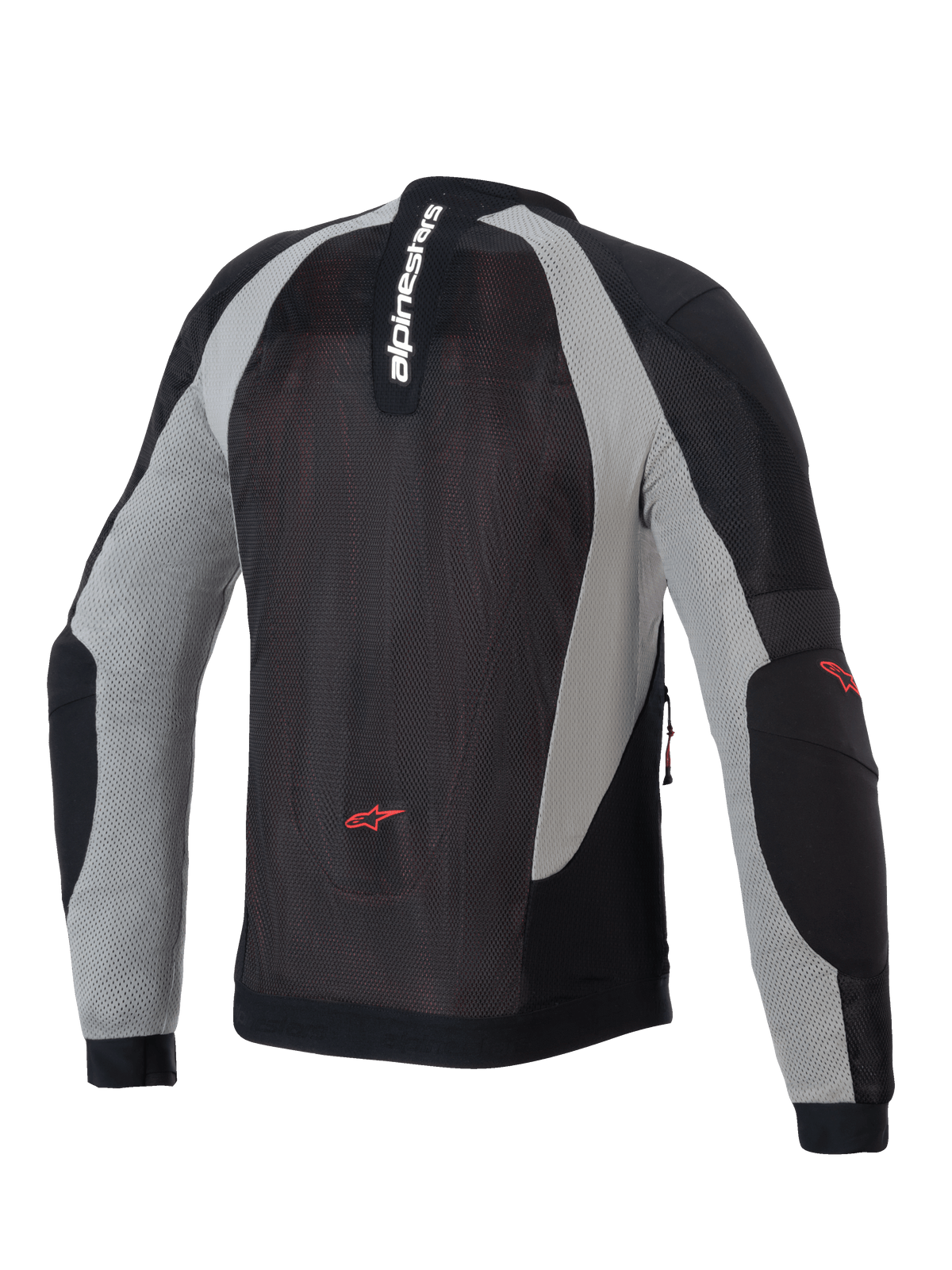 Alpinestars Troop-Air Jacket, motocyklowa kurtka przewiewna, kolory czarny, popielaty i jaskrawoczerwony, widok z tyłu ukazujący techniczną konstrukcję z siatki, pionowy napis Alpinestars na kołnierzu oraz czerwone logo gwiazdy na dole pleców i na łokciach.