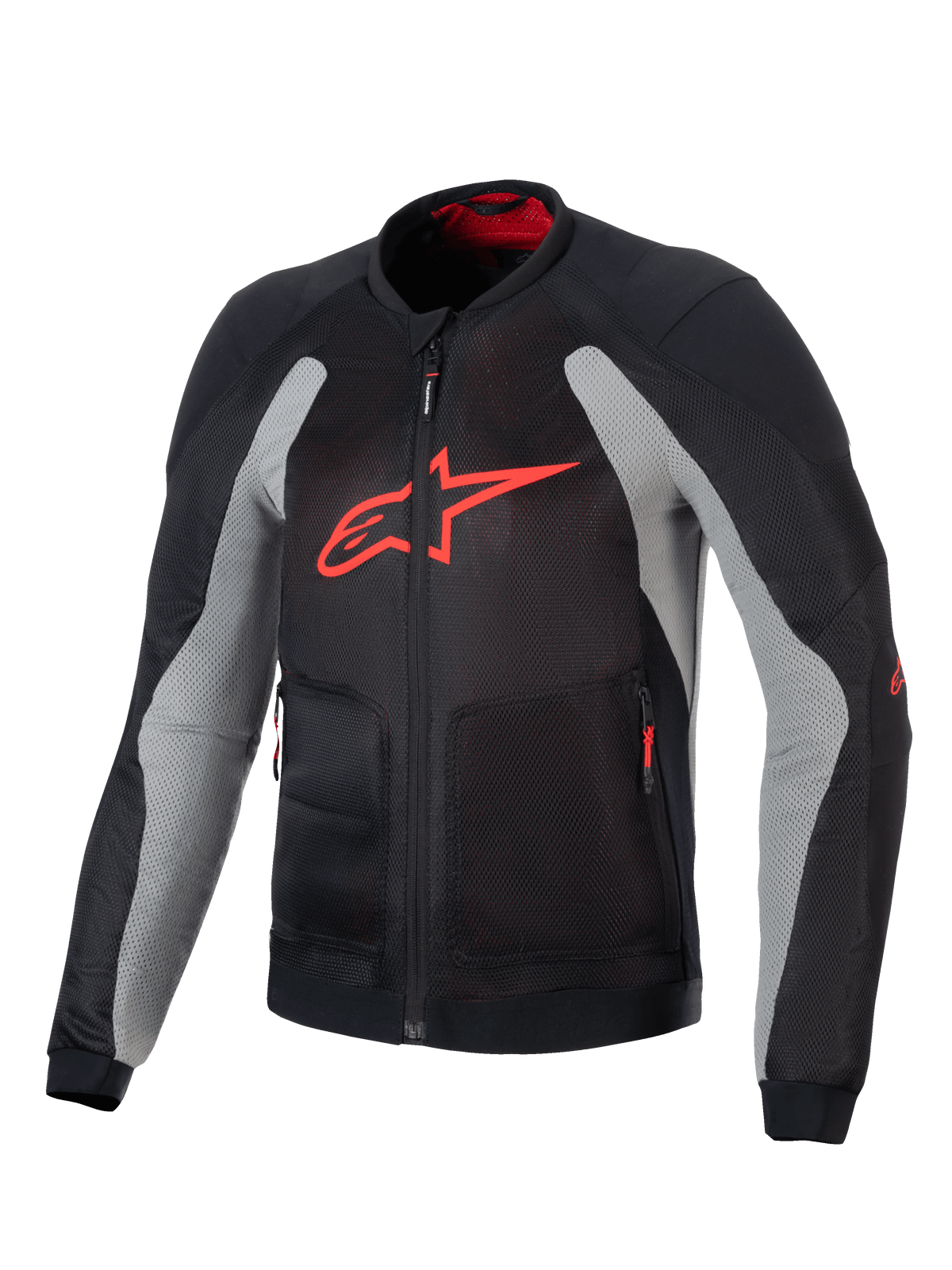 Alpinestars Troop-Air Jacket, techniczna motocyklowa kurtka powietrzna, czarna i popielata z jaskrawoczerwonymi elementami, duże czerwone logo A-star na piersi, siatkowa konstrukcja zapewniająca przepływ powietrza, techniczny design do jazdy.