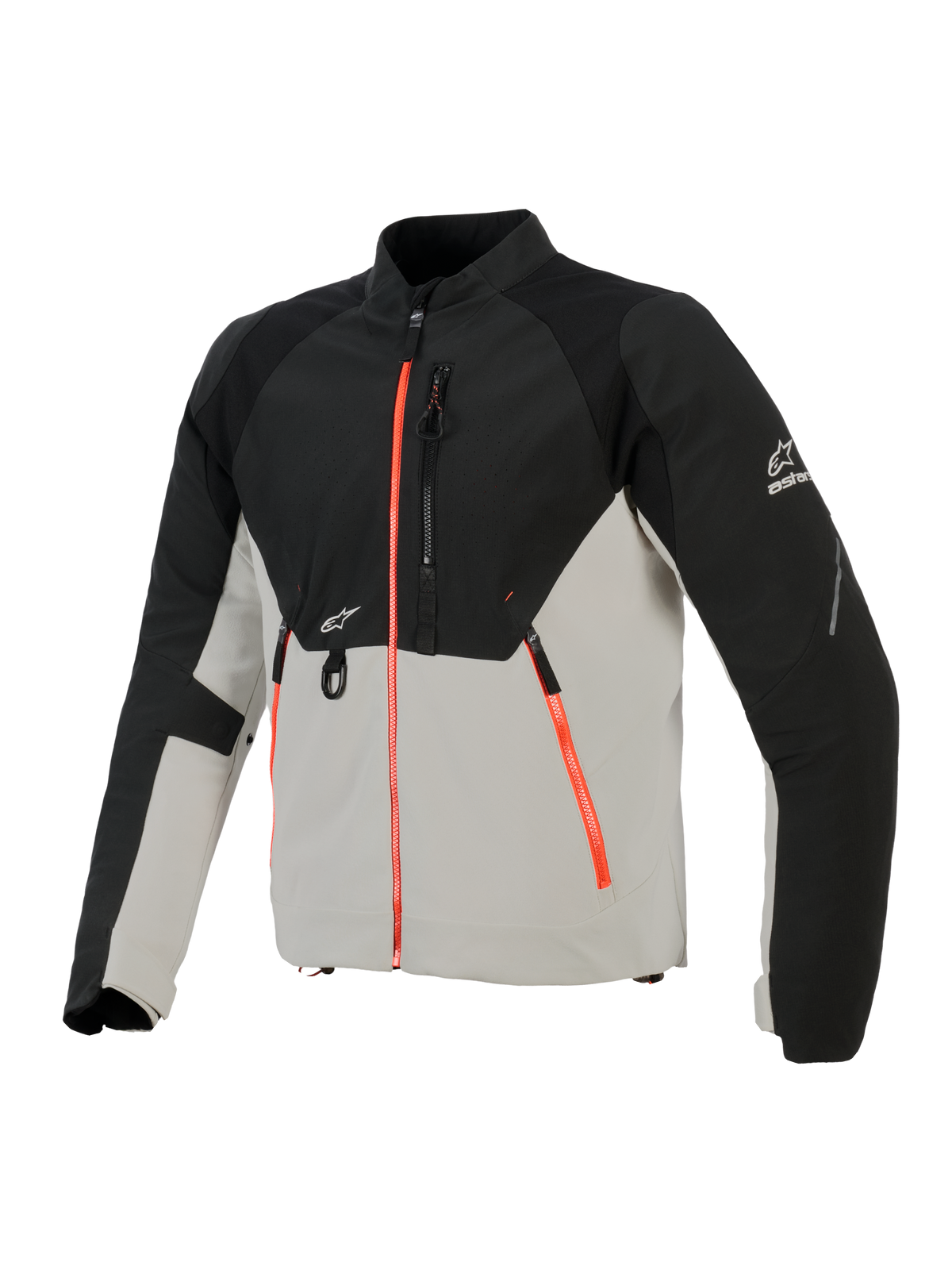 Alpinestars Provoke Jacket, miejska kurtka motocyklowa, czarna i metalicznie szara z fluorescencyjnymi czerwonymi akcentami przy zamkach, z laserowo perforowanymi panelami na klatce piersiowej, wzmocnieniami ripstop softshell i przednim mocowaniem D-ring, miejski design do jazdy w ciepłe dni