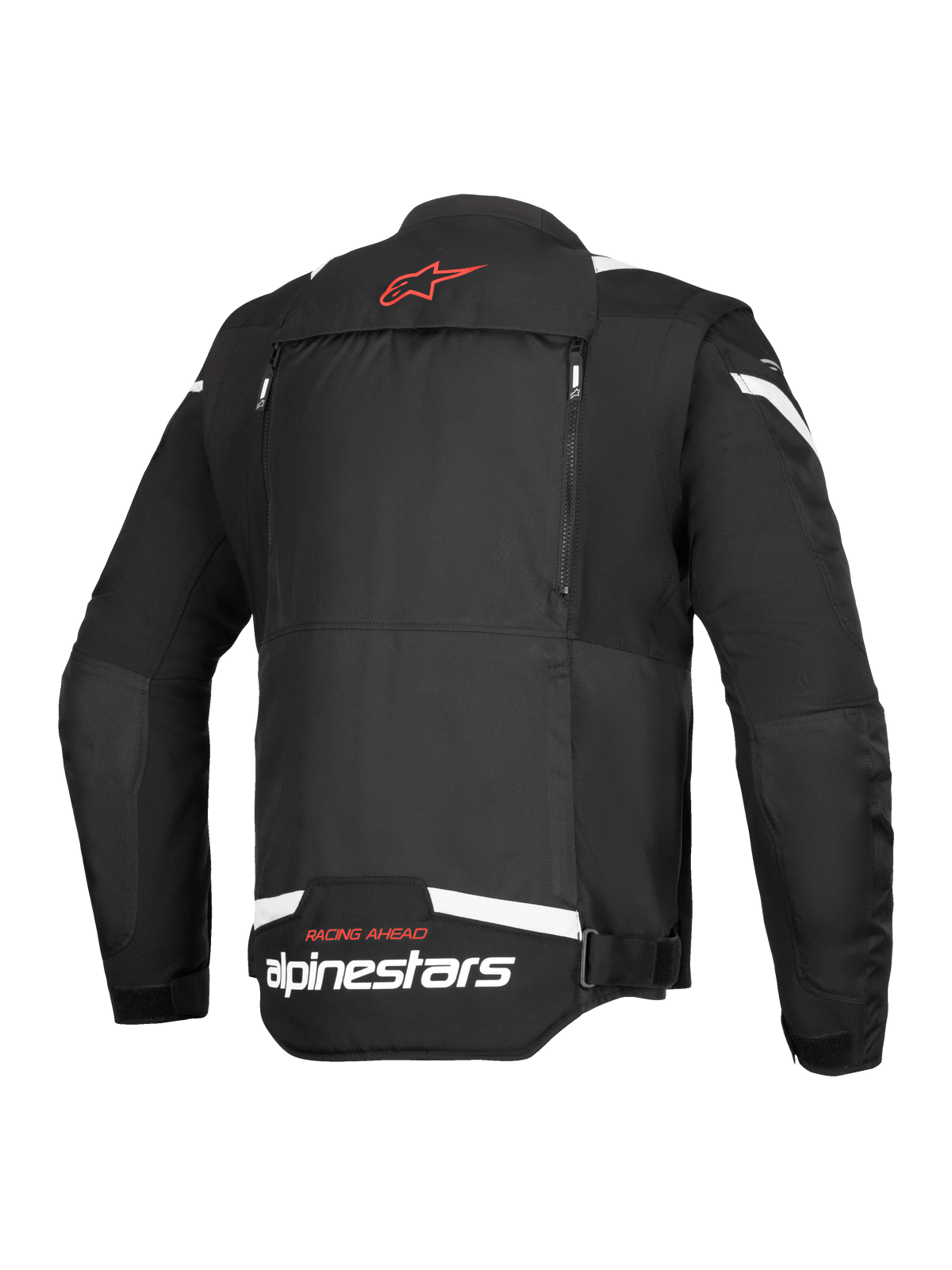 Kurtka Alpinestars T-Stunt Air, widok z tyłu, czarno-biała, czerwone logo gwiazdy na karku, białe logo na dole pleców, pionowe zamki modułowego systemu przepływu powietrza