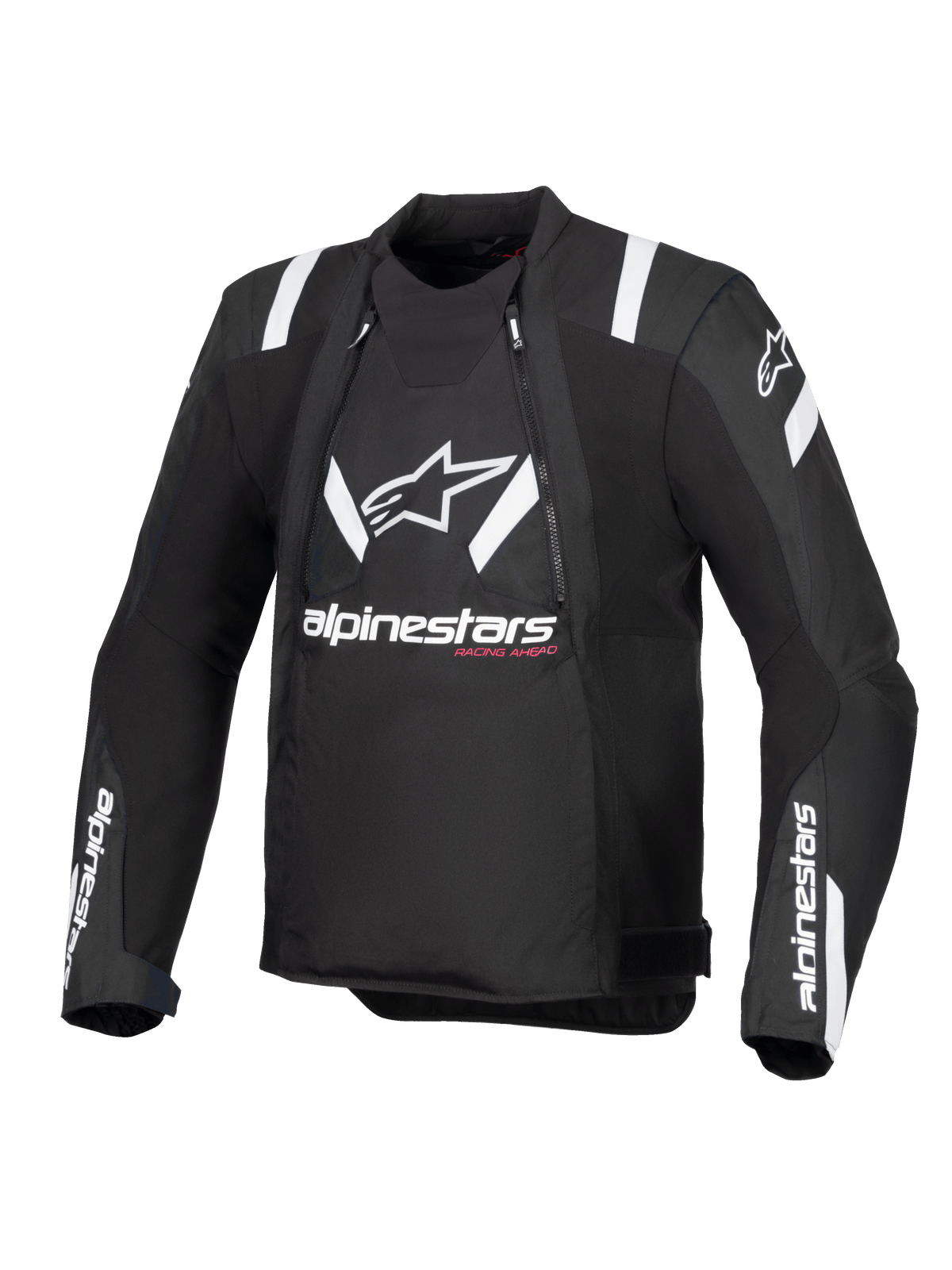 Alpinestars T-Stunt Air Jacket, czarno-biała, widok z przodu motocyklowej kurtki o sportowym kroju, duże białe logo i napis Alpinestars na klatce piersiowej, białe akcenty na ramionach, panele z siatki dla modułowej wentylacji