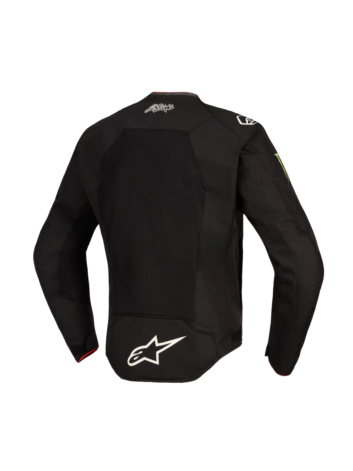 Alpinestars FQ20 T-SPS Air V2 Monster Jacket, back view, Black, featuring a large mesh ventilation panel, white Alpinestars logo on the lower back, El Diablo signature on the upper back, and Monster Energy logo on the sleeve, textile motorcycle jacket for sport riding