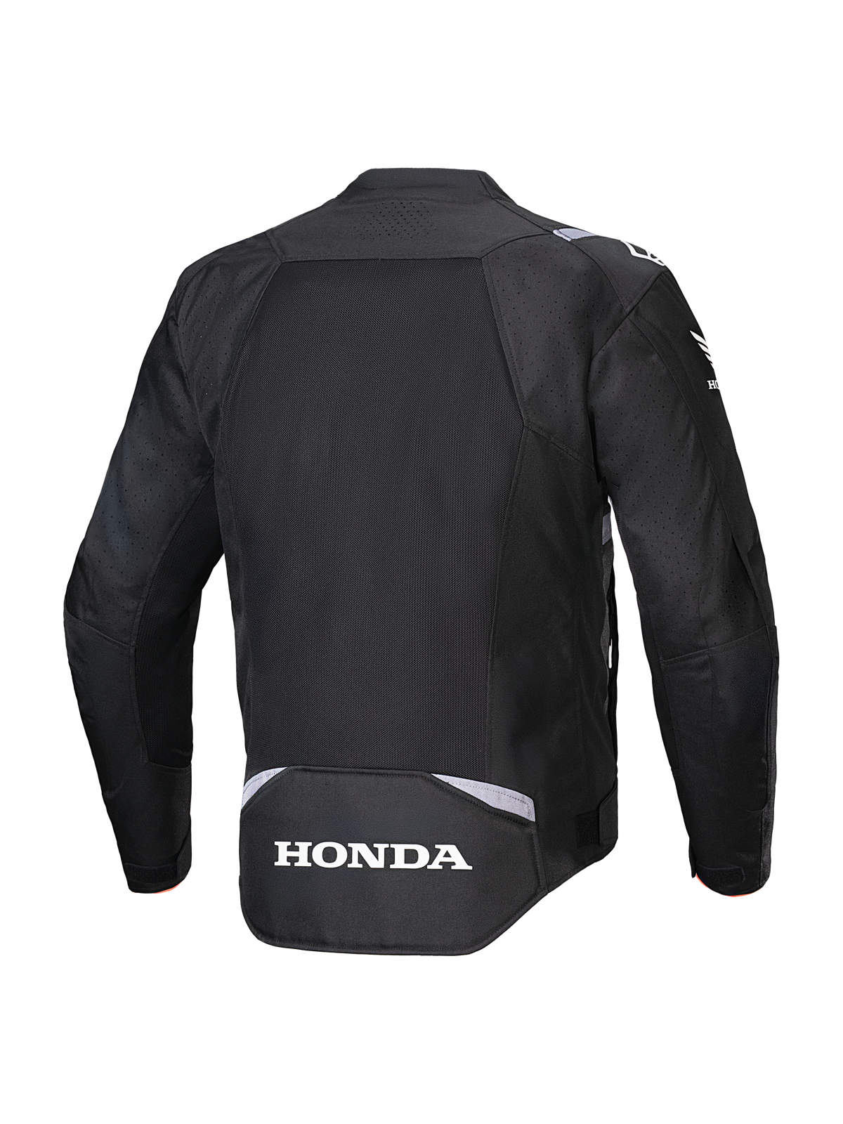 Kurtka Alpinestars Honda T-SPS Air V2, czarna, widok z tyłu z dużym panelem siatkowym na plecach zapewniającym przepływ powietrza, białe logo Honda w dolnej części pleców i branding Alpinestars na ramionach, tekstylna kurtka motocyklowa na lato