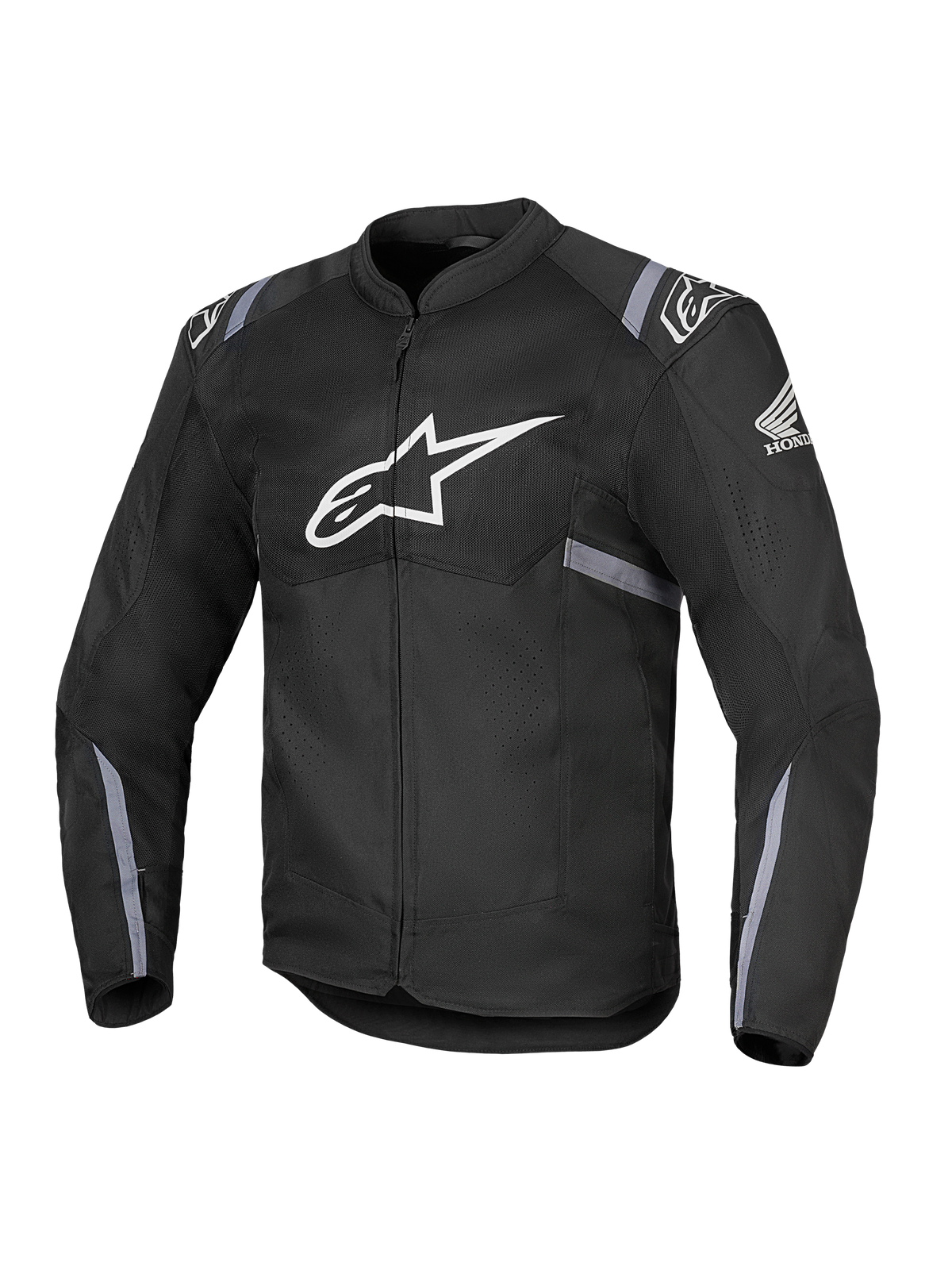 Alpinestars Honda T-SPS Air V2 Jacket, czarna tekstylna kurtka motocyklowa, duże białe logo Alpinestars na klatce piersiowej, logo skrzydła Honda na rękawie, perforowane panele z siatki zapewniające oddychalność, szare odblaskowe paski na rękawach i w talii, zapięcie na zamek błyskawiczny z przodu