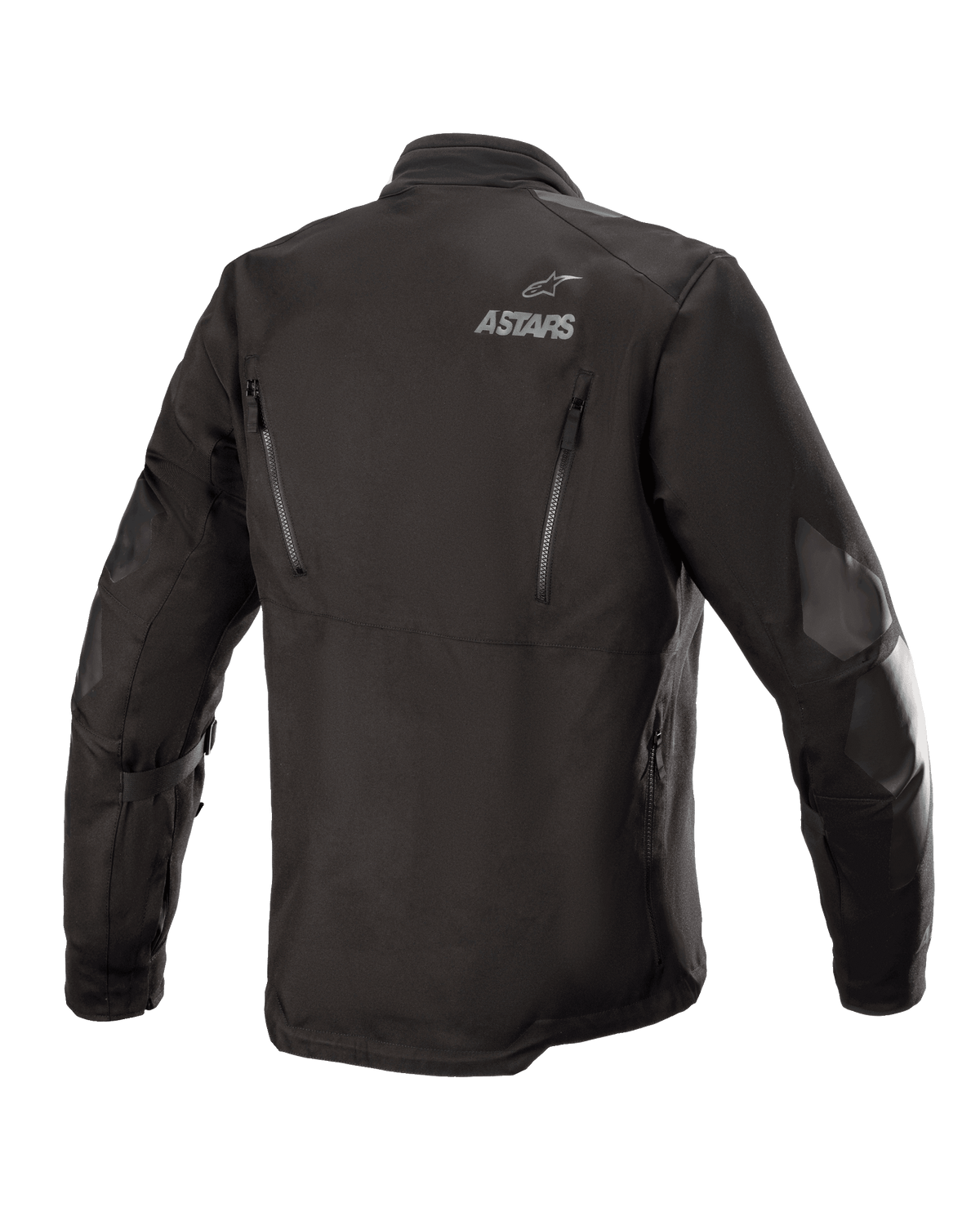 Alpinestars Venture XT Jacket, czarna, widok z tyłu tekstylnej kurtki motocyklowej adventure touring, logo ASTARS na ramieniu, pionowe zamki wentylacyjne na plecach, wzmocnienia z folii PU na rękawach