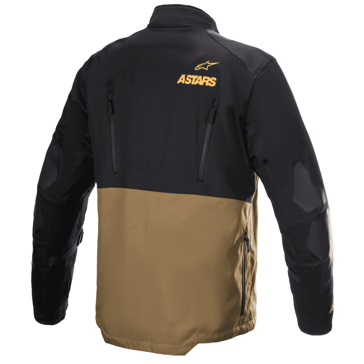 Kurtka Alpinestars Venture XT, przygodowa kurtka motocyklowa touringowa, camel i czarna, widok z tyłu z pomarańczowym logo Astars, pionowymi zamkami wentylacyjnymi i wzmocnionymi panelami na łokciach