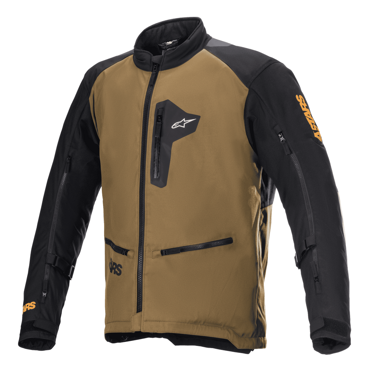 Alpinestars Venture XT Jacket, motocyklowa kurtka turystyczna adventure, camelowa i czarna, z kieszeniami na klatce piersiowej i bocznymi zapinanymi na zamek, zamkami wentylacyjnymi na rękawach, regulowanymi paskami na ramionach i pomarańczowym logo Astars