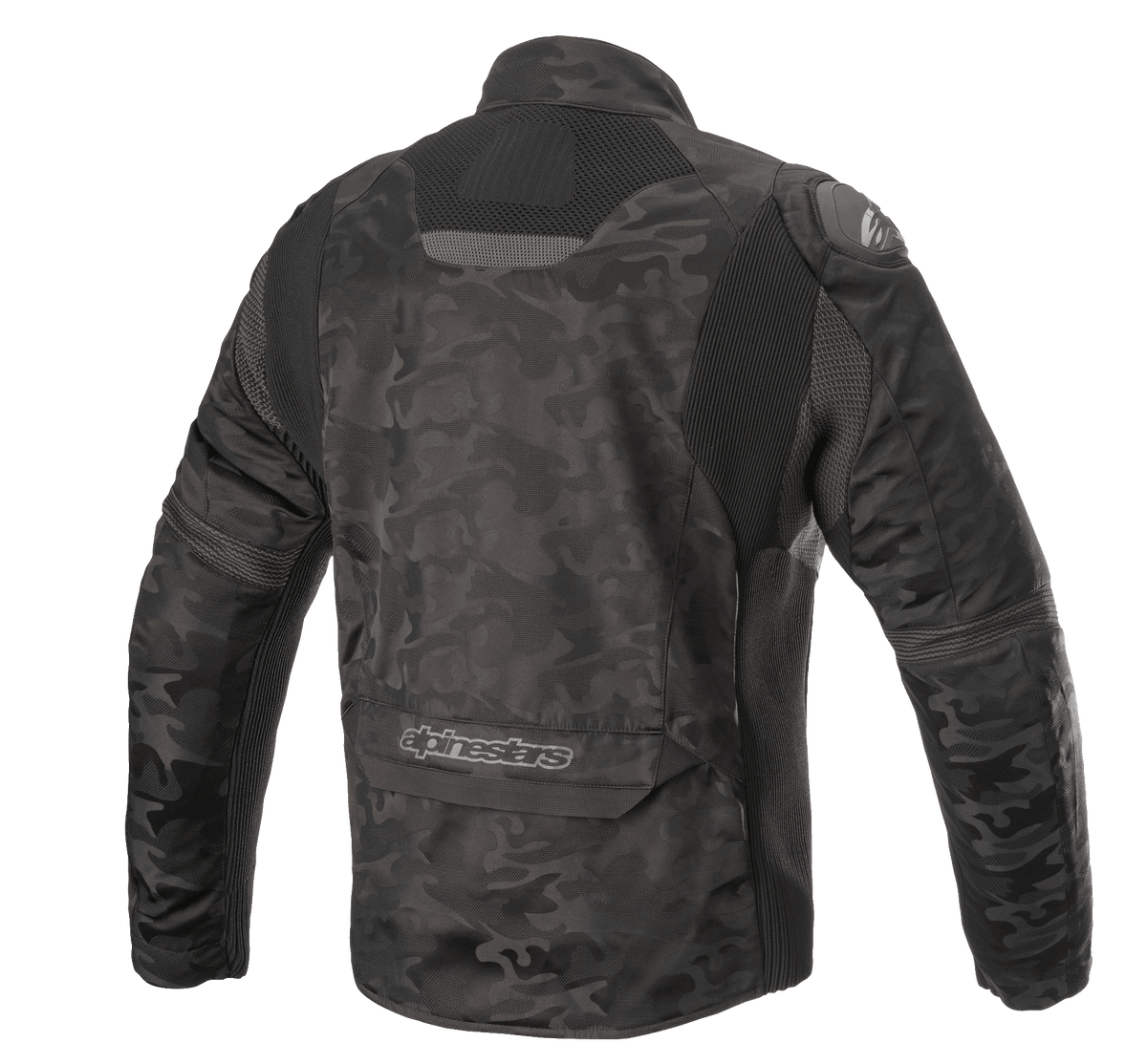 Alpinestars T SP-5 Rideknit® Textile Jacket, kurtka motocyklowa, kolor Black Camo, widok z tyłu z elastycznymi dzianinowymi panelami, wzór kamuflażu na materiale odpornym na ścieranie, logo Alpinestars w dolnej części pleców.