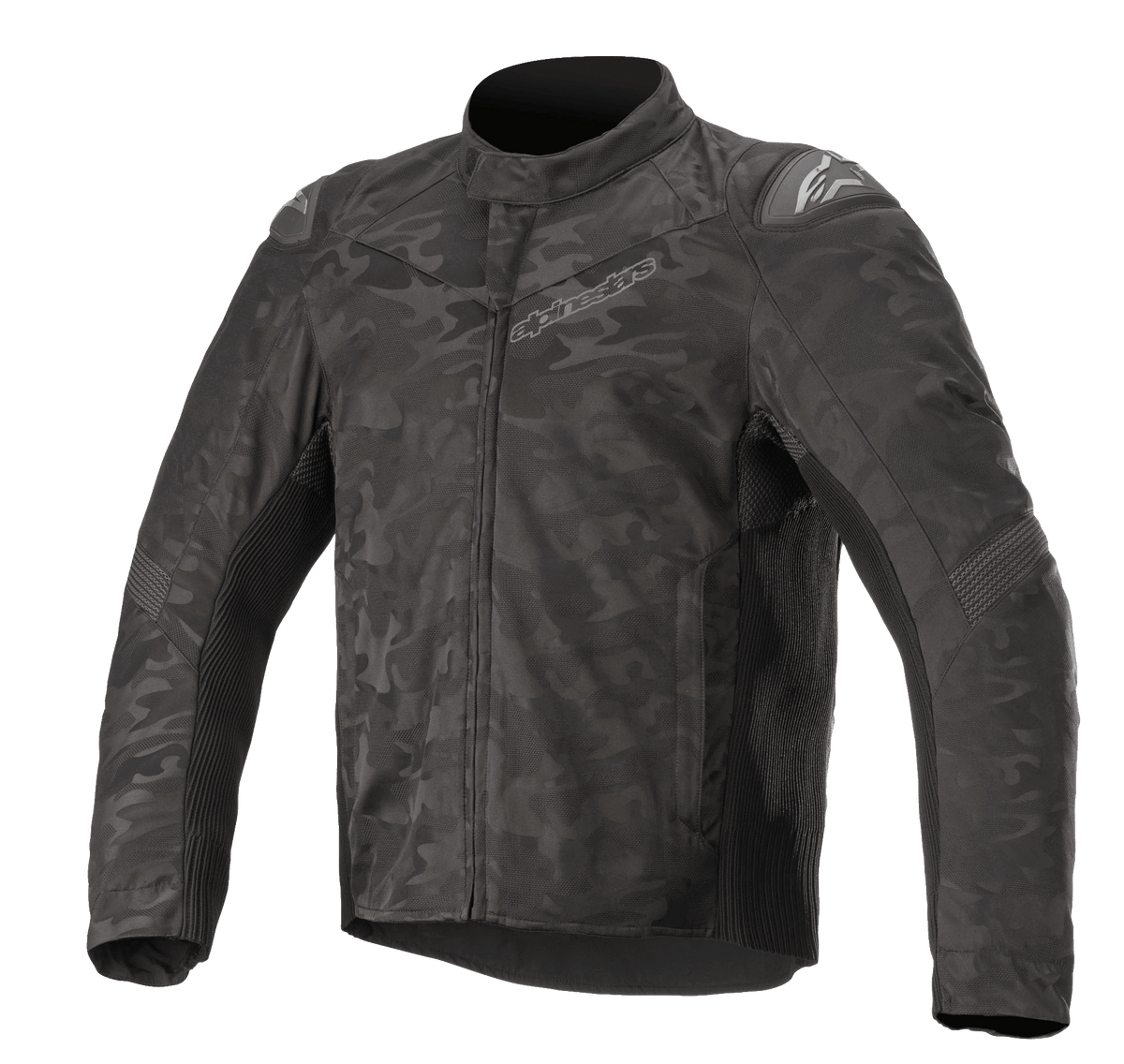 Alpinestars T SP-5 Rideknit® Textile Jacket, kurtka motocyklowa, Black Camo, z ciemnym wzorem kamuflażu, żebrowanymi panelami dzianinowymi dla elastyczności, zewnętrznymi sliderami na ramionach, wysokim kołnierzem i sportowym, dopasowanym krojem