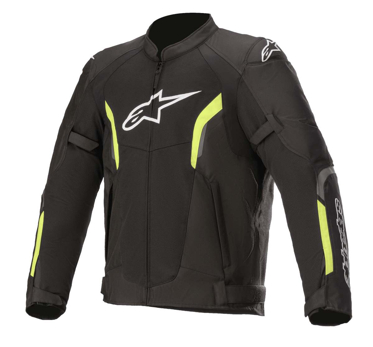 Alpinestars AST V2 Air Jacket, siateczkowa kurtka motocyklowa, czarna z jaskrawożółtymi elementami fluo, białe logo Astars na piersi, duże panele z siatki zapewniające wentylację, jaskrawożółte akcenty na rękawach i klatce piersiowej, regulowane paski na rękawach dla sportowego, ochronnego dopasowania