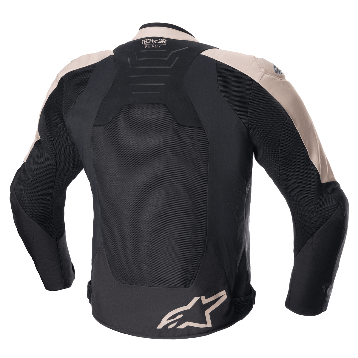 Alpinestars SMX Air Jacket, sportowa kurtka motocyklowa, jasnobrązowa i czarna, widok z tyłu prezentujący wentylowane panele z technicznej siatki, oznaczenie Tech-Air Ready w górnej części pleców oraz logo Alpinestars na dolnej krawędzi.