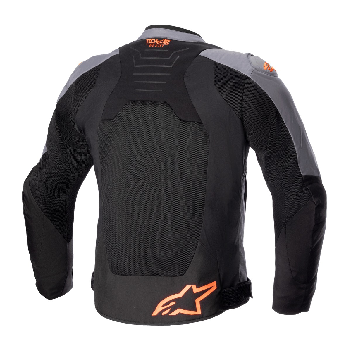 Kurtka Alpinestars SMX Air, tekstylna kurtka motocyklowa, czarna i ciemnoszara z neonowym pomarańczowym, widok z tyłu pokazujący duże panele z siatki, logo Tech-Air Ready na górze pleców i pomarańczowe logo gwiazdy na dole.
