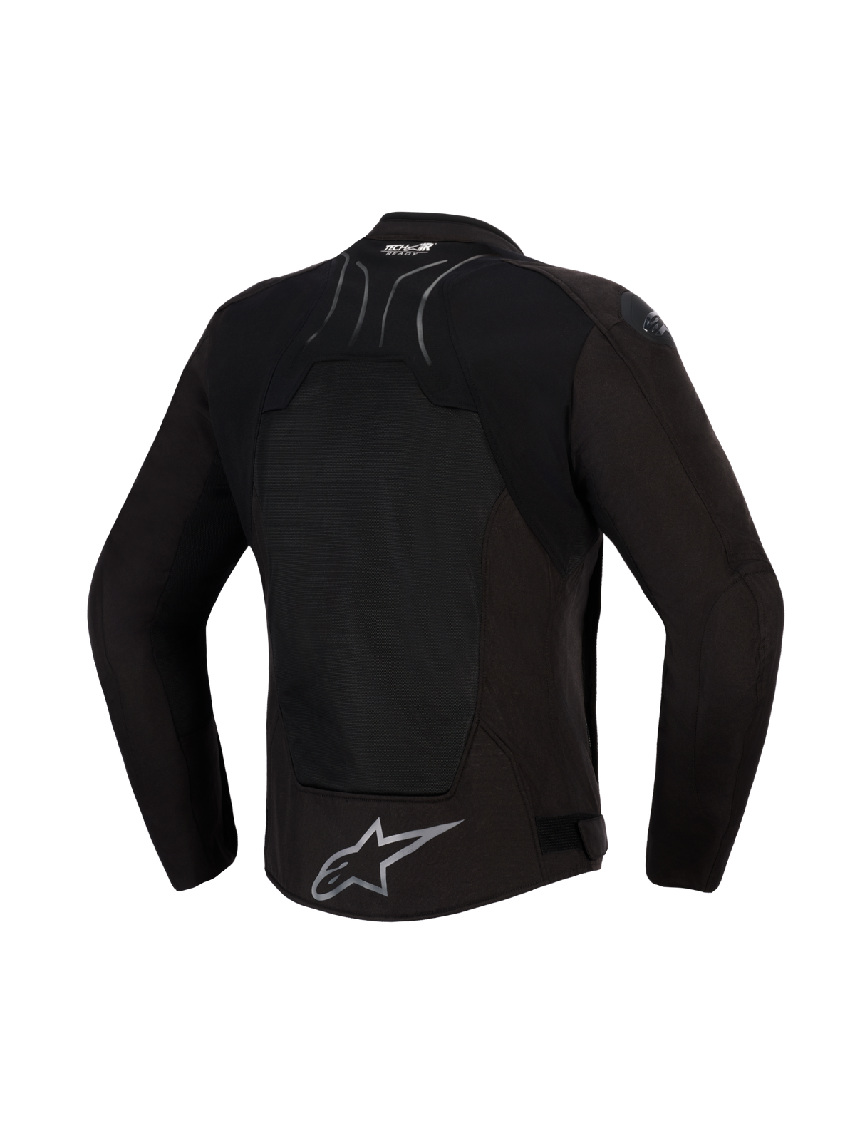 Kurtka Alpinestars SMX Air, Black Anthracite, widok z tyłu, z dużym panelem z siatki technicznej na plecach dla lepszej wentylacji, oznaczeniem Tech-Air® Ready w górnej części pleców i srebrnym logo gwiazdy Alpinestars na dolnej krawędzi, zaprojektowana do sportowej jazdy w ciepłe dni.