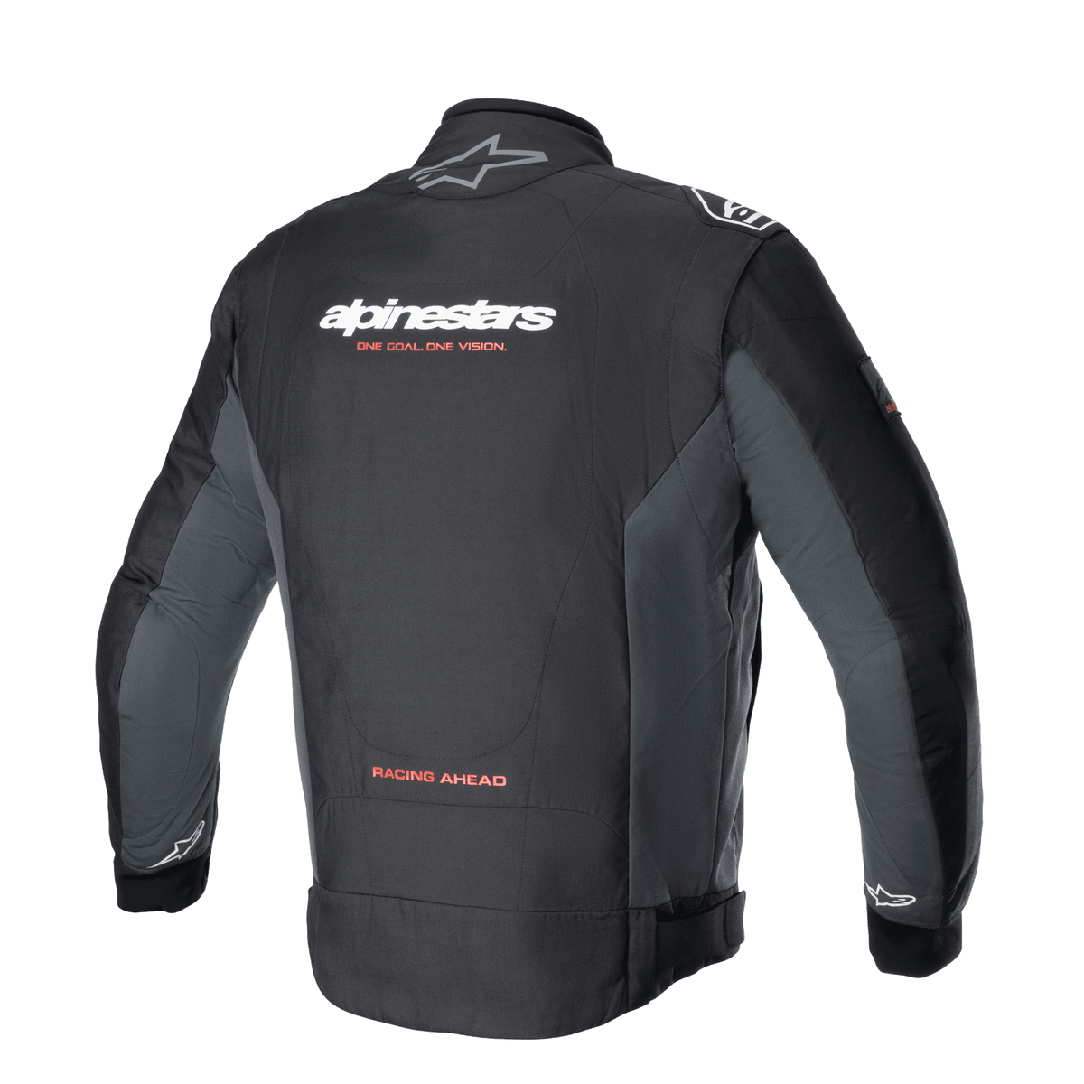 Alpinestars Monza Sport Jacket, tekstylna kurtka motocyklowa w kolorze Black Tar Gray widoczna od tyłu, z białym logo i czerwonym hasłem „ONE GOAL. ONE VISION.”, szarymi panelami bocznymi oraz napisem „RACING AHEAD” w dolnej części pleców