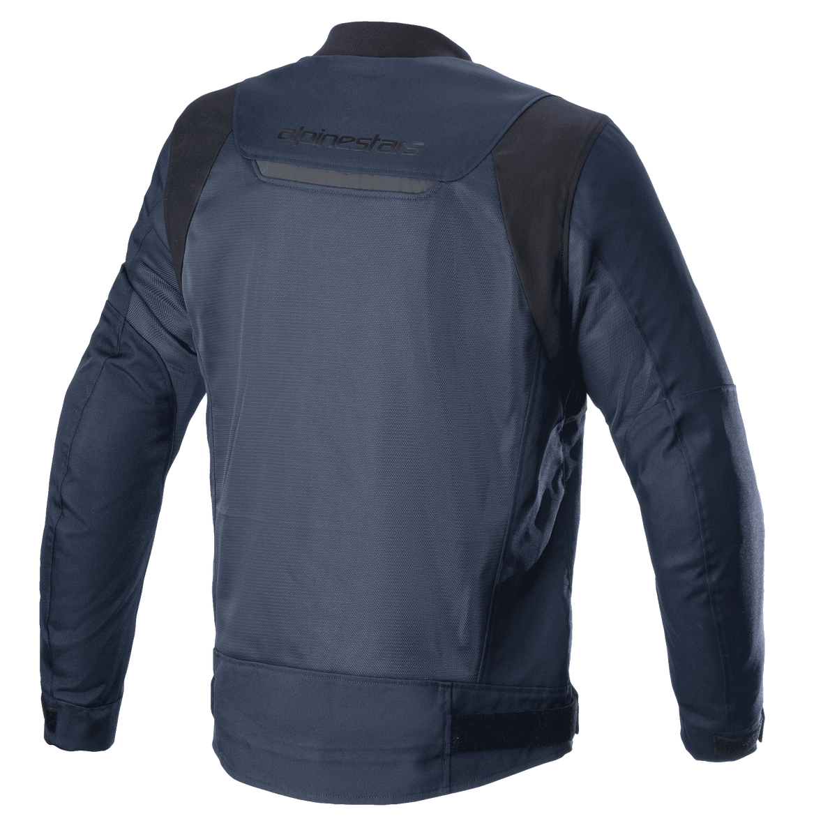 Alpinestars Luc V2 Air Jacket, Navy Black, widok z tyłu, panele z siatki zapewniające przepływ powietrza, odblaskowy detal i branding Alpinestars na górze pleców, tekstylna kurtka motocyklowa w stylu bomber