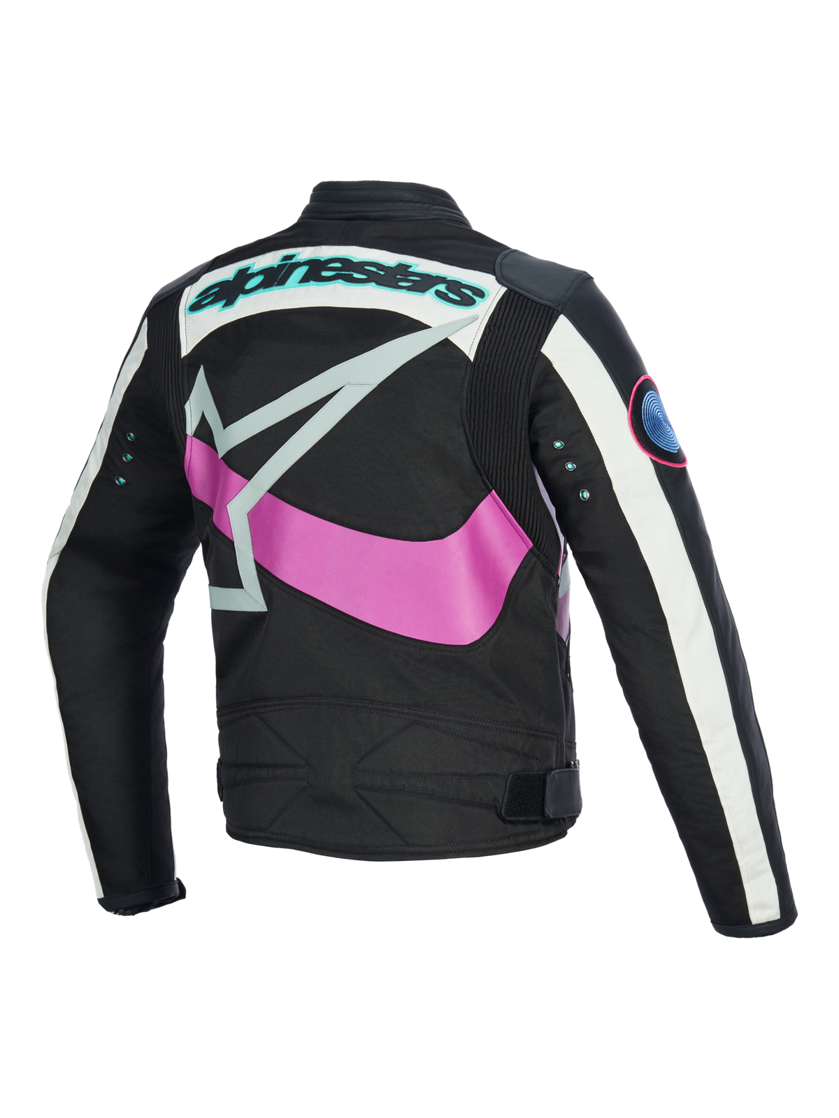 Alpinestars Idles Women's Jacket, widok z tyłu, czarna z biało-kremowymi i fioletowymi akcentami, duże różowe oplatające logo gwiazdy, morski logotyp i metalowe oczka na rękawach, design inspirowany stylem vintage z panelami akordeonowymi do miejskiej jazdy motocyklowej