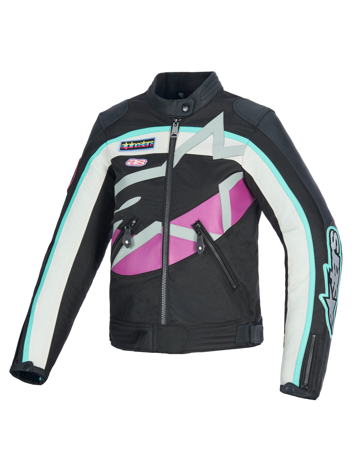 Alpinestars Idles Women’s Jacket, damska kurtka motocyklowa, czarna, off-white i fioletowa, design inspirowany stylem vintage z wyrazistym logo Alpinestars i naszywkami, konstrukcja tekstylno-skórzana, wodoodporna odzież do jazdy miejskiej