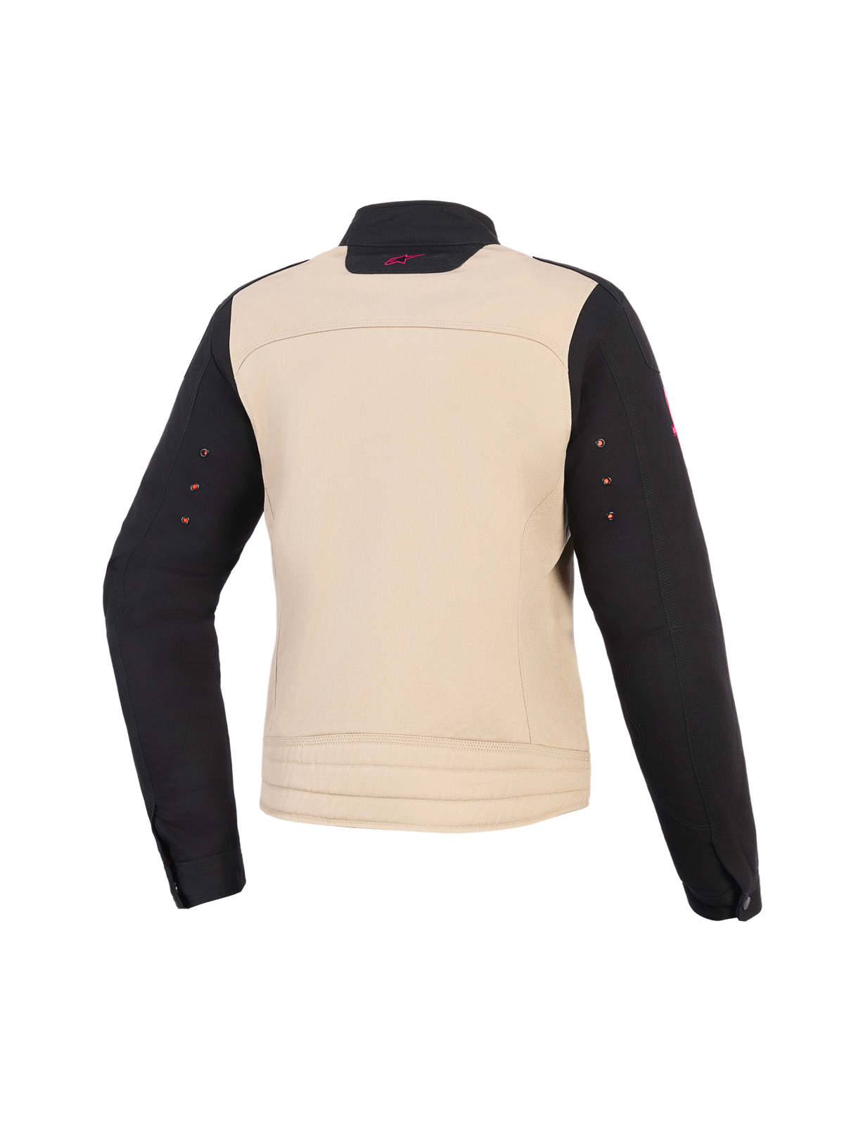 Alpinestars Stella Grace Jacket, damska kurtka motocyklowa, kolor Aluminum Black, widok z tyłu, tekstylna konstrukcja z beżowym korpusem, czarnymi rękawami i małym różowym logo na kołnierzu