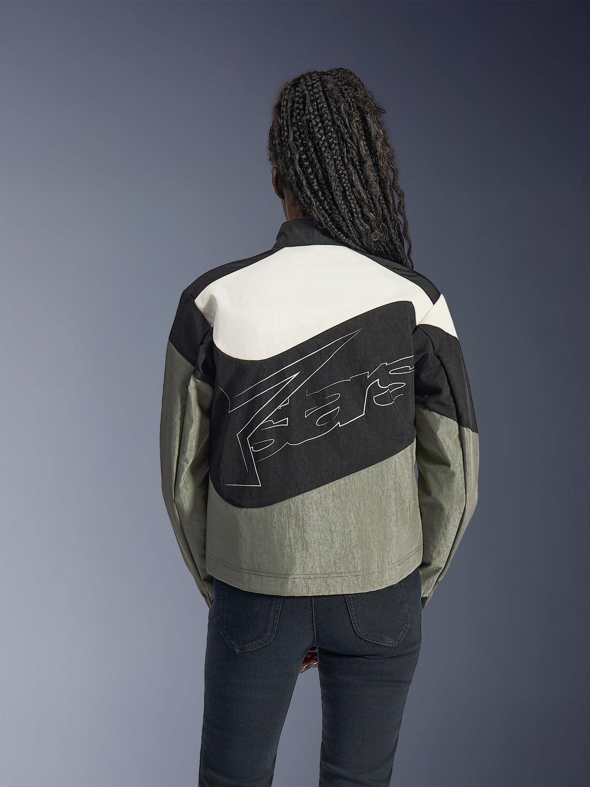 Kurtka Alpinestars Stella Moshell, damska miejska kurtka motocyklowa, szaro-czarna, białe logo na plecach, styl streetwear