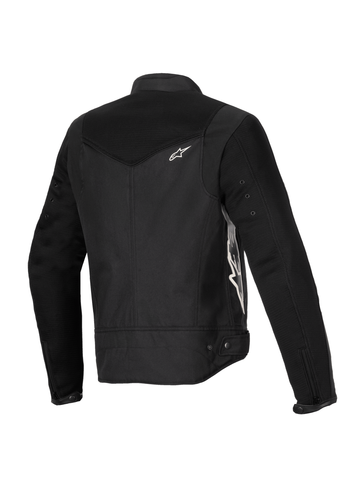 Alpinestars Stella T-Dyno Air Jacket, damska kurtka motocyklowa, czarna, widok z tyłu z boku przedstawiający rozszerzone panele z siatki 3D na karczku i rękawach, białe logo Alpinestars, dopasowana tekstylna konstrukcja na lato