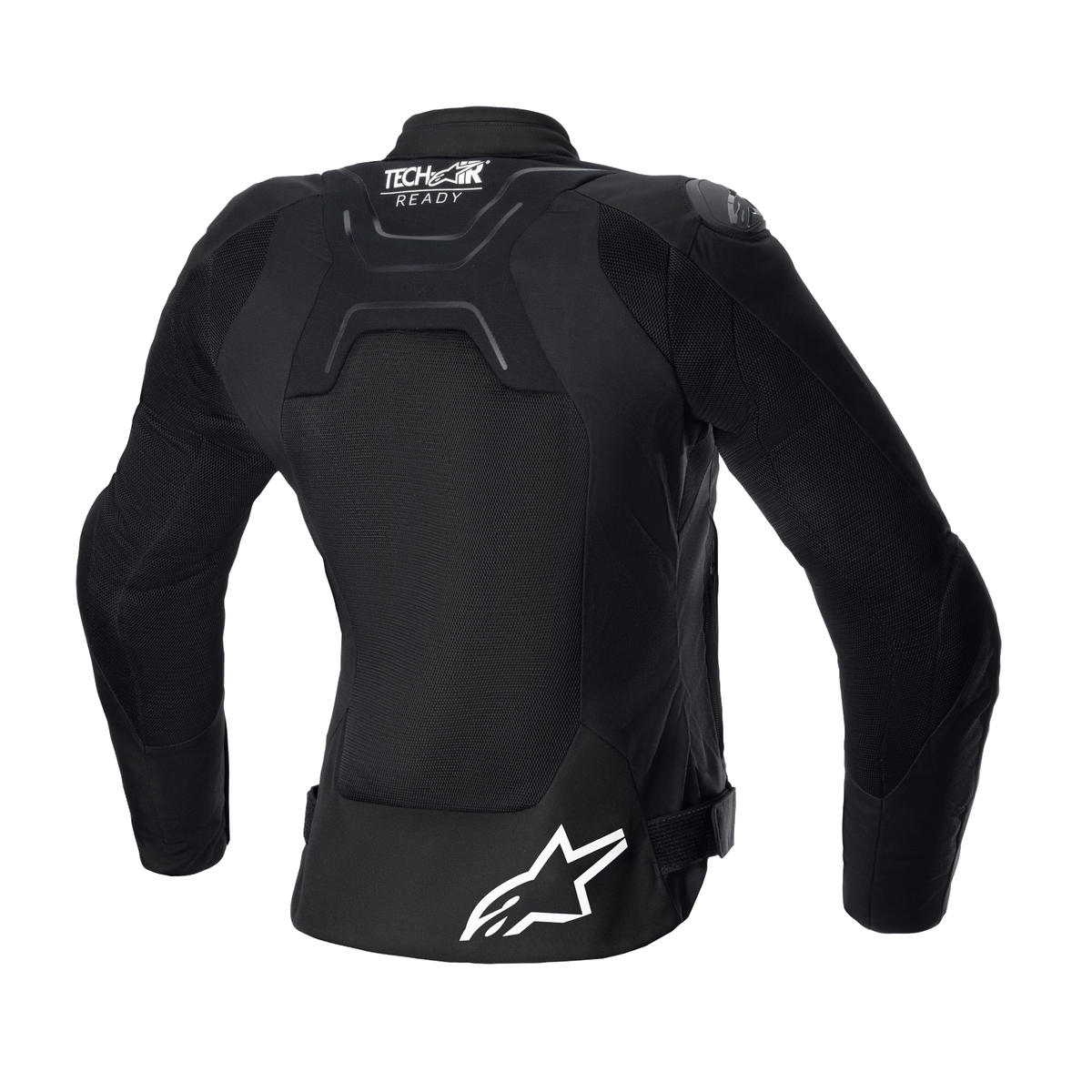 Damska kurtka Alpinestars Stella SMX Air, widok z tyłu, czarna, siatkowe panele na plecach zapewniające przepływ powietrza, oznaczenie Tech-Air Ready w górnej części pleców, białe logo gwiazdy Alpinestars na dole, paski do regulacji w talii, sportowo-miejska tekstylna kurtka motocyklowa