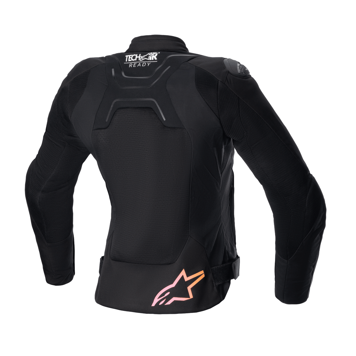 Alpinestars Women Stella SMX Air Jacket, widok z tyłu, czarna z panelami siatkowymi, logo „Tech-Air Ready” w górnej części pleców i różowo-pomarańczowe gradientowe logo gwiazdy na dole, ochronna sportowa kurtka motocyklowa
