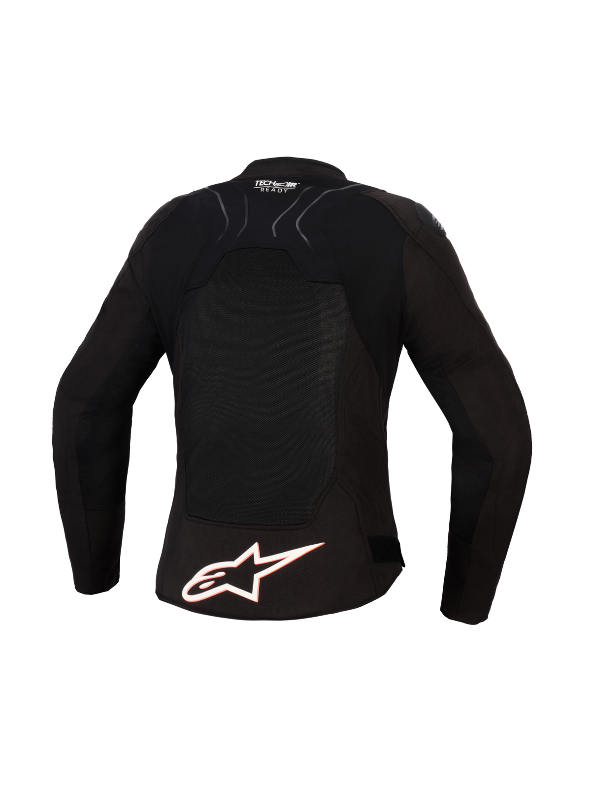 Alpinestars Stella SMX Air Jacket, damska kurtka motocyklowa, widok z tyłu, czarna z białymi i czerwonymi (fluo) akcentami, duże białe logo Alpinestars na dole pleców, panele z siatki mesh zapewniające wentylację, branding Tech-Air Ready