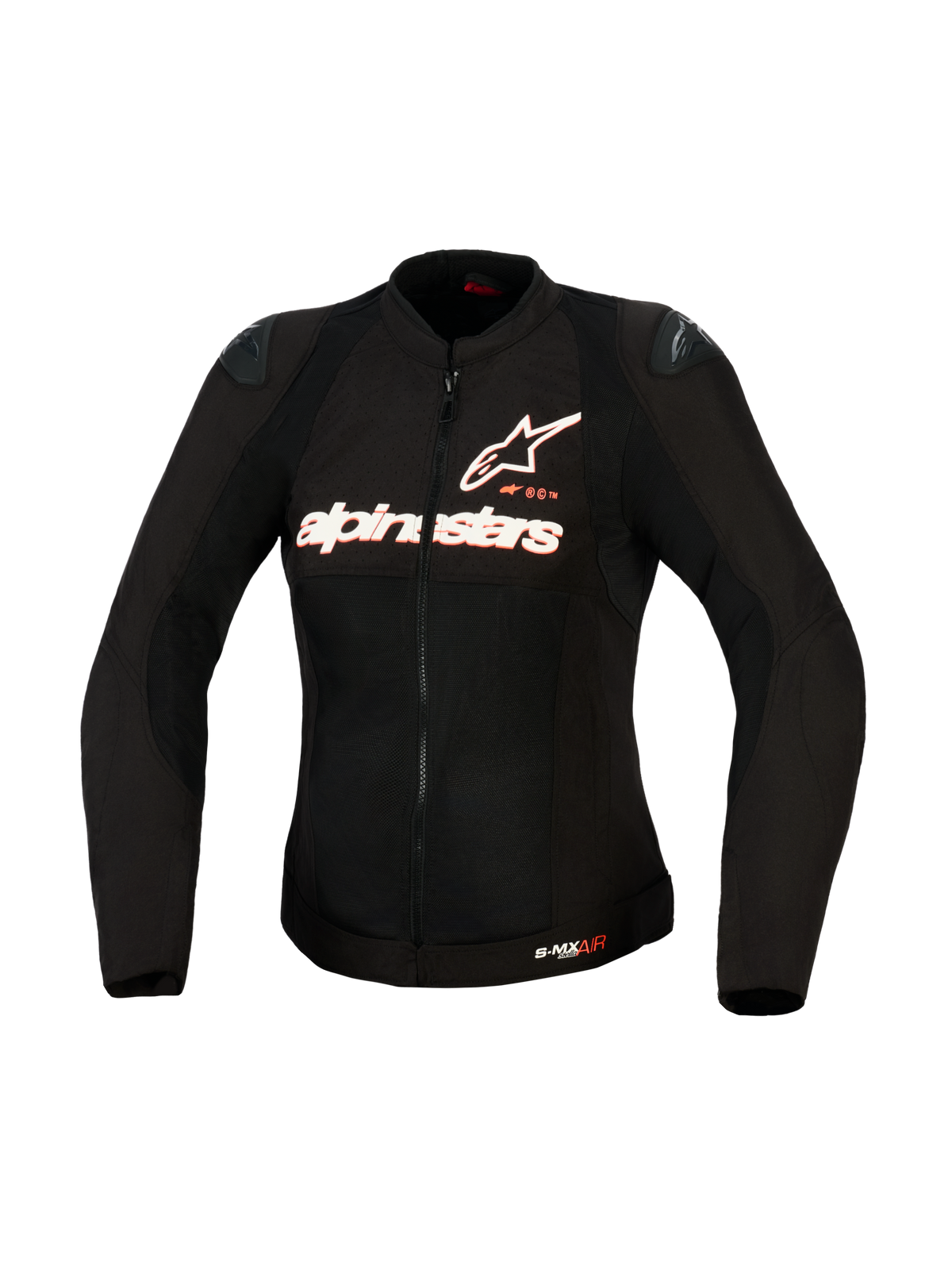 Alpinestars Stella SMX Air Jacket, damska tekstylna kurtka motocyklowa, czarna z białym i czerwonym (Red Fluo) brandingiem, widok z przodu prezentujący konstrukcję z siatki o wysokim przepływie powietrza, logo na piersi i slidery DFS Lite, dopasowana do kobiecej sylwetki.