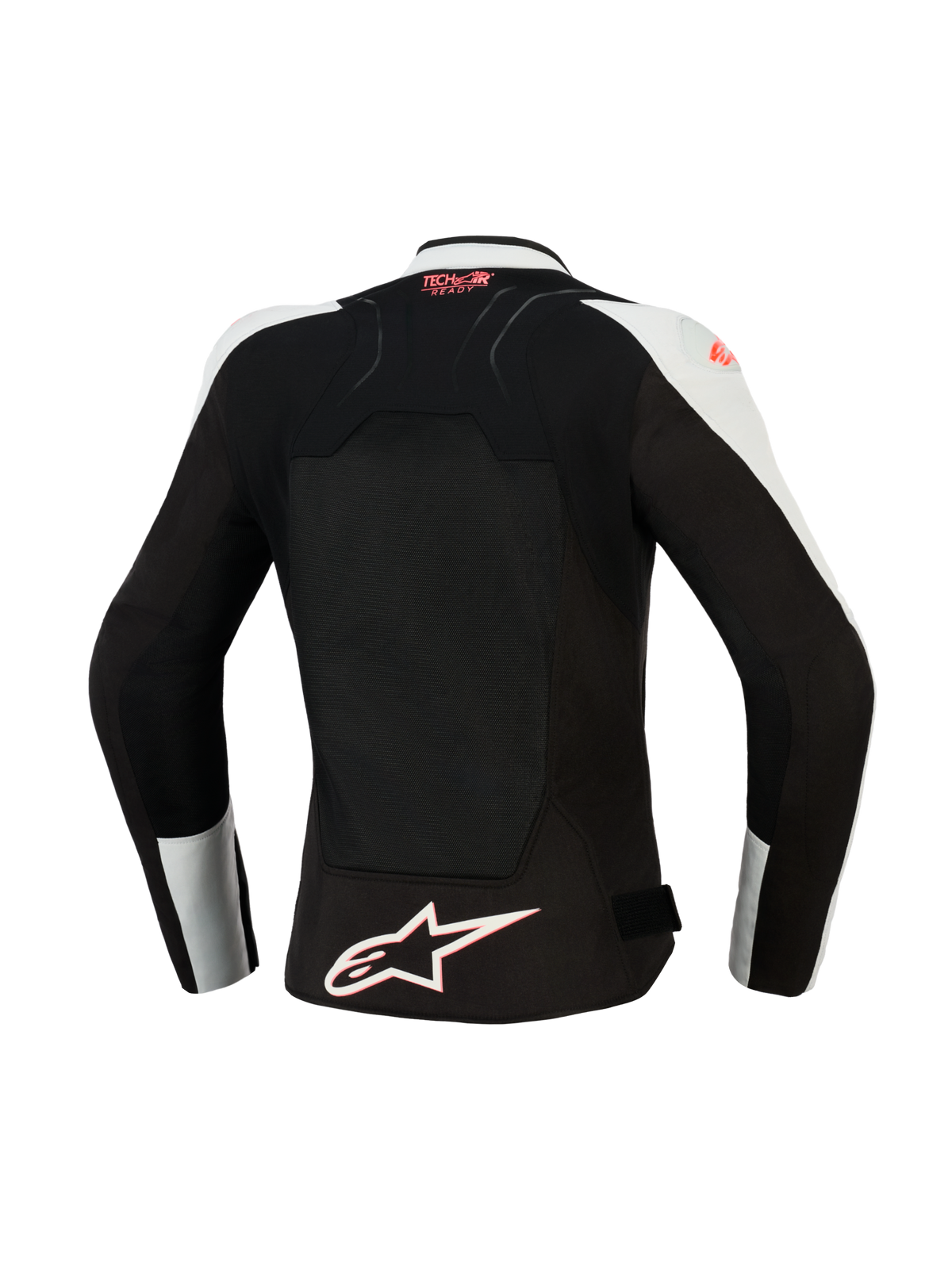 Damska kurtka Alpinestars Stella SMX Air, widok z tyłu, kolor Ice Gray i czarny z akcentami Coral Fluo, duży wentylowany panel siatkowy na plecach, oznaczenie Tech-Air Ready w górnej części pleców, białe logo Alpinestars na dolnej krawędzi.