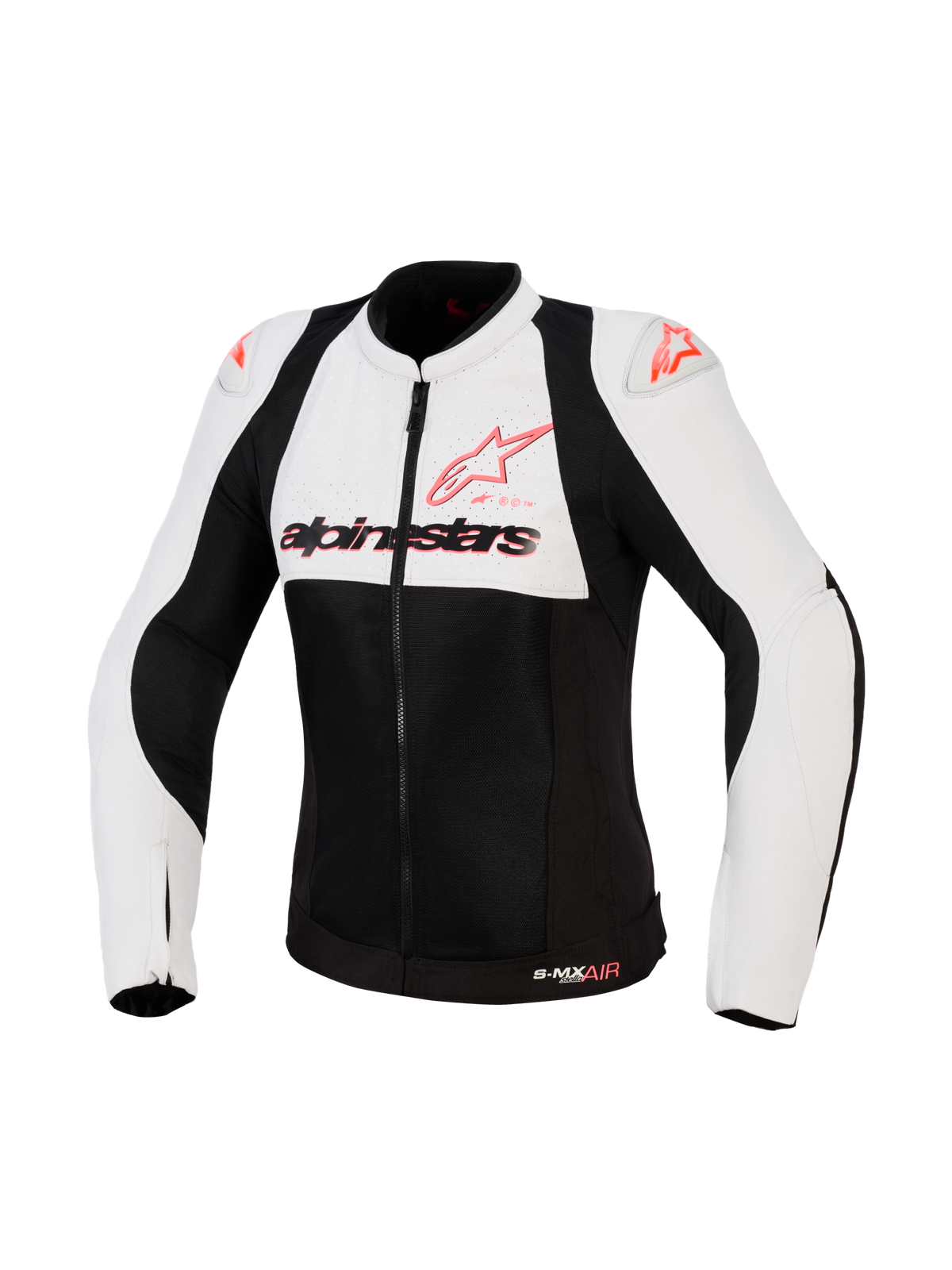 Alpinestars Stella SMX Air Jacket, damska kurtka motocyklowa, kolor Ice Gray Black i Coral Fluo, widok z przodu z perforowanymi panelami tekstylnymi i siatkowymi, koralowe logo Alpinestars na klatce piersiowej i sliderach na ramionach