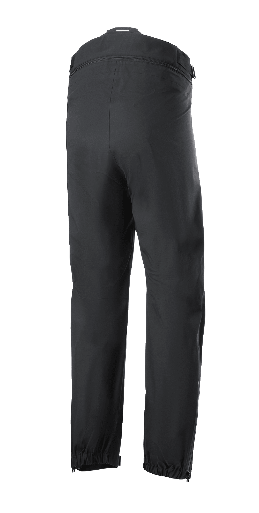 Alpinestars AMT Storm Gear Drystar® XF Pant, Black Motorcycle Overtrousers, rear view featuring a full circumference zippered waist connector, elasticated hems, and zippered leg openings for wet weather riding.