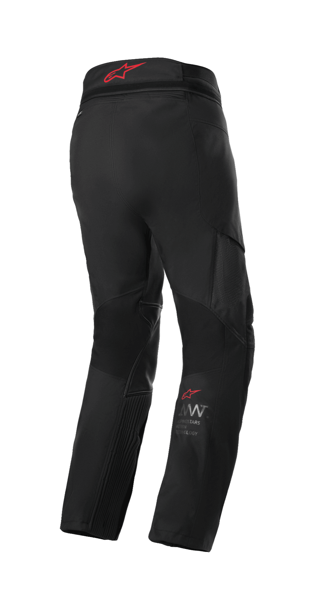 Alpinestars AMT 7 Air Pants, Adventure Touring Motorcycle Pants, Black Dark Shadow, rear view with red Alpinestars logo on the waistband, featuring MATRYX ventilation panels and stretch zones for airflow and comfort.