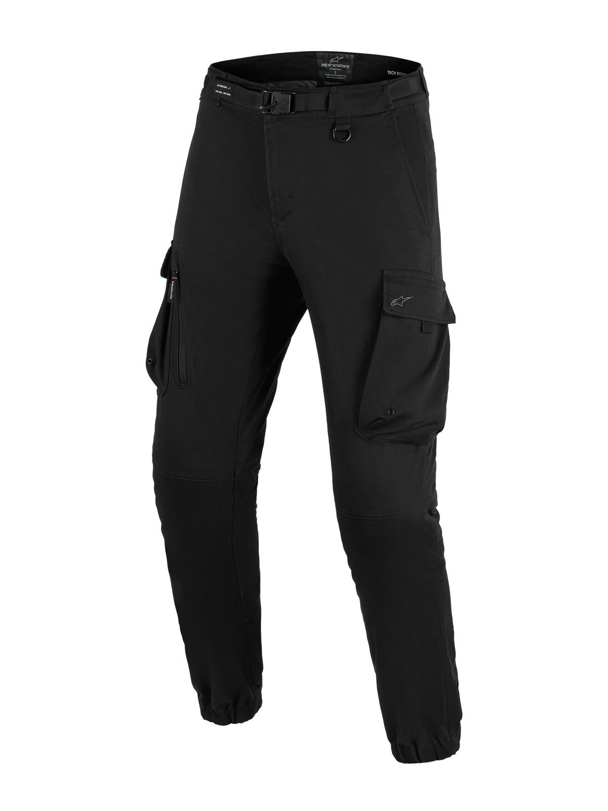 Alpinestars Flex-AST Cargo Pants, spodnie motocyklowe, czarne, z dużymi kieszeniami cargo, zintegrowanym paskiem z klamrą, detalem D-ring, elastycznymi mankietami i zwężanym krojem do miejskiej jazdy motocyklowej