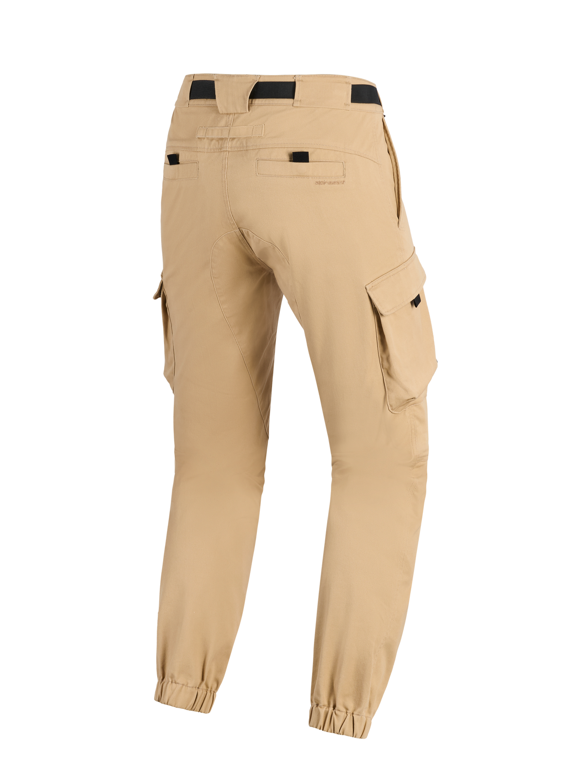 Alpinestars Flex-AST Cargo Pants, jasnobeżowe spodnie motocyklowe, widok z tyłu prezentujący zwężane nogawki z elastycznymi ściągaczami, boczne kieszenie cargo i czarny pasek w talii, miejski design inspirowany stylem militarnym
