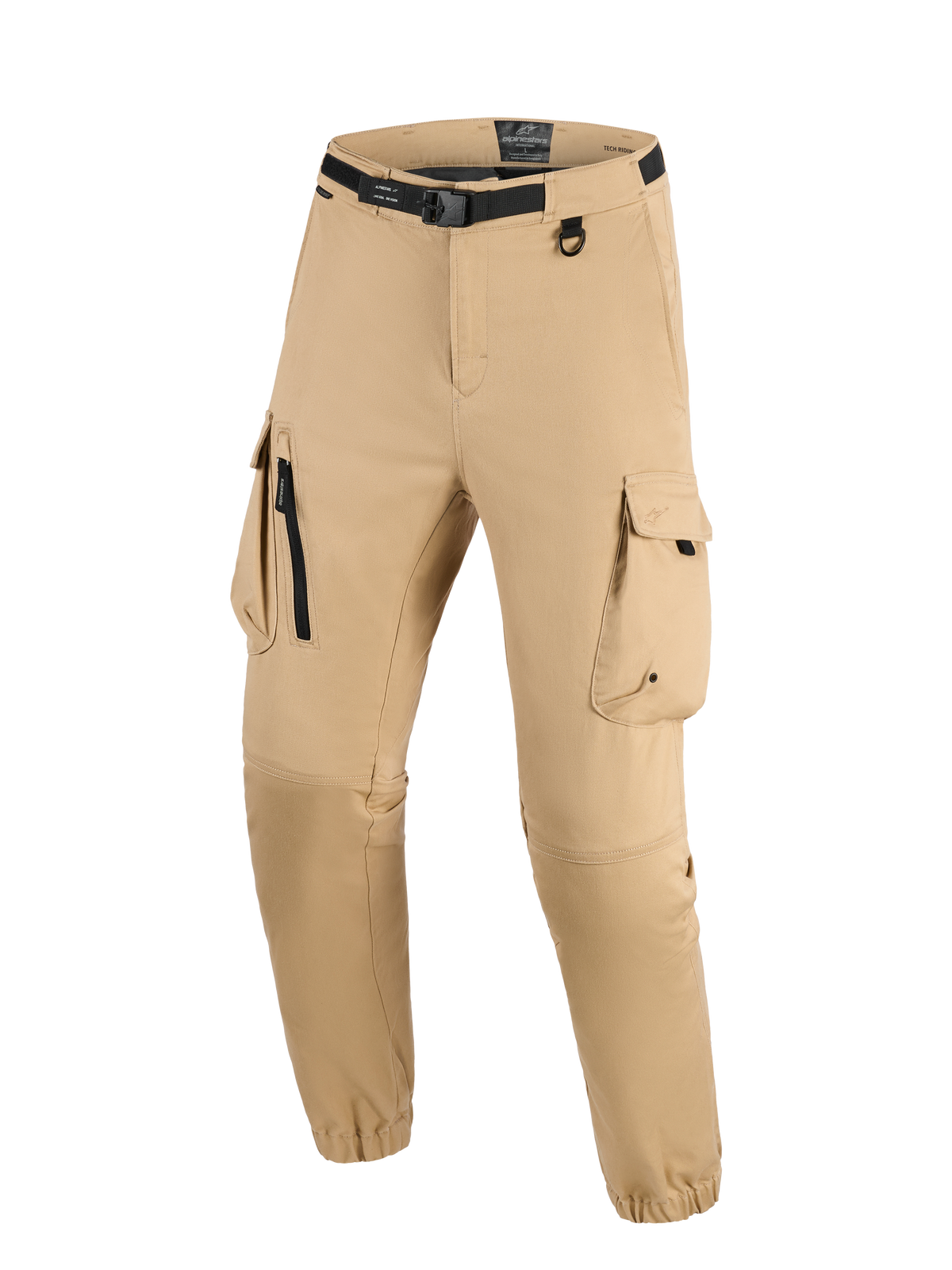 Alpinestars Flex-AST Cargo Pants - Short, jasnobeżowe miejskie spodnie motocyklowe, wielokieszeniowy design cargo, zintegrowany czarny pasek z klamrą, uchwyt D-ring i elastyczne mankiety zapewniające dopasowany krój