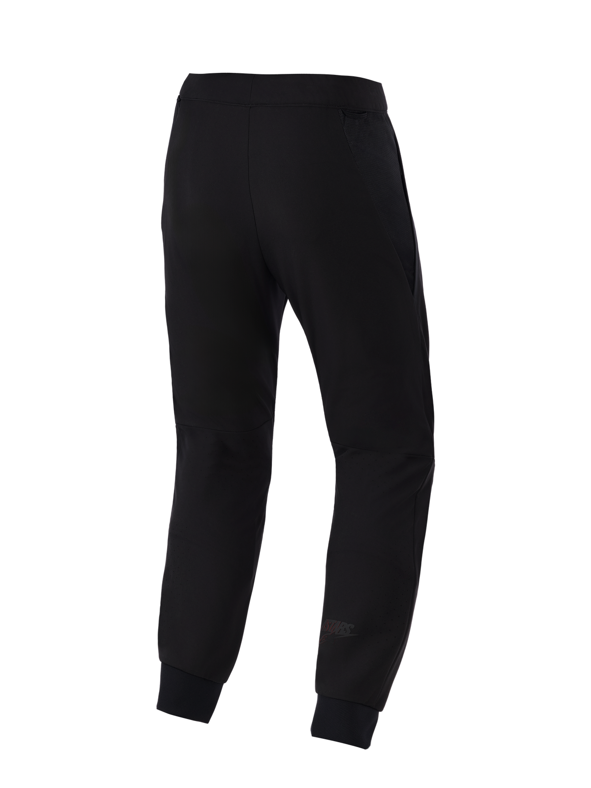 Alpinestars Aeroshell Airflow Pants, Motorcycle Pants, Black, back view featuring a lightweight stretch softshell chassis, integrated 2D mesh panels for breathability, laser-perforated calf zones, and a subtle Astars logo on the lower leg.