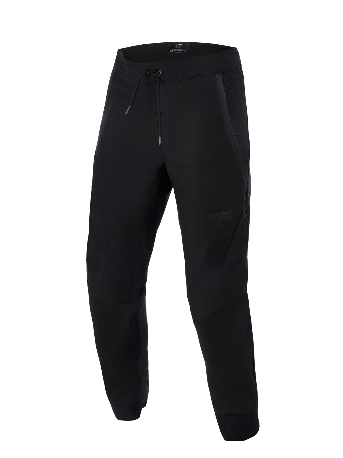 Alpinestars Aeroshell Airflow Pants, Black, lightweight sport and touring motorcycle pants, featuring extensive mesh panels for ventilation, elastic drawstring waistband, pre-curved legs, and subtle tonal logo on the thigh.