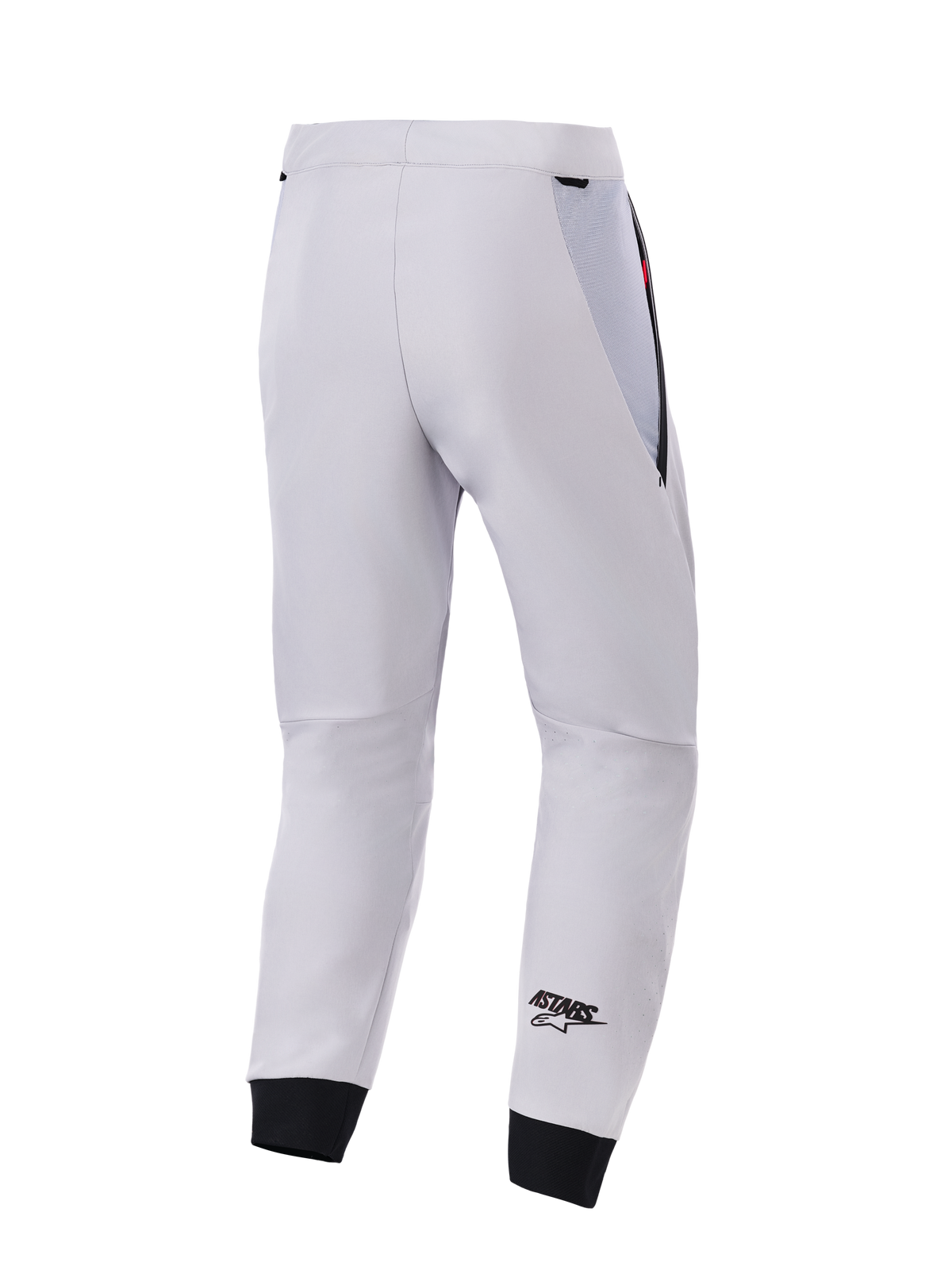 Alpinestars Aeroshell Airflow Pants, widok z tyłu, średnioszare techniczne spodnie motocyklowe softshell, czarne siatkowe panele na biodrach i elastyczne mankiety, czarne logo ASTARS na nogawce, lekka i wentylowana konstrukcja sportowa